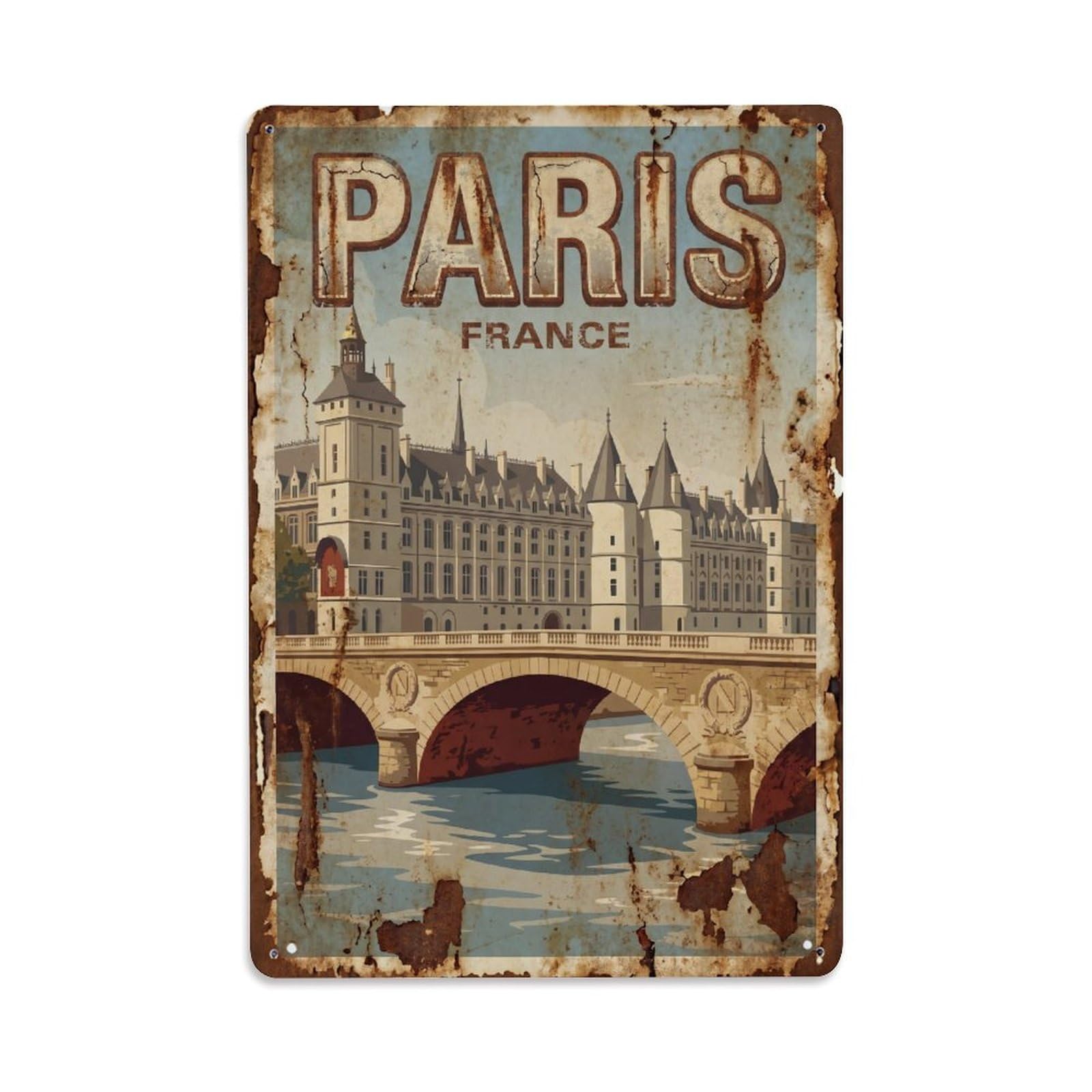 Vintage Travel Paris Pont Au Change Bridge Rusted France Metal Tin Sign Plaque Wall Decor for Cafe, Club Bar, Office, Home Garden Metal Poster 8x12Inch