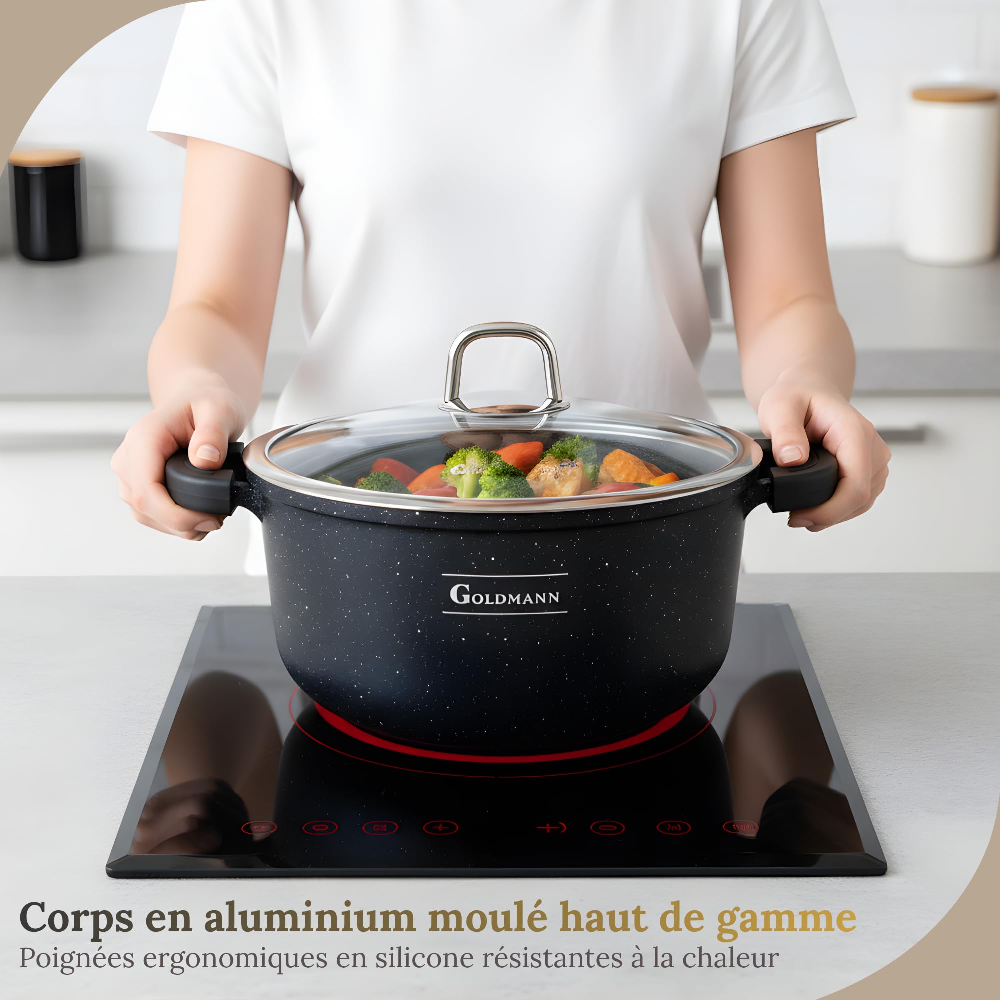 GOLDMANN en cocotte aluminium, 28 cm - 6.5 L, revêtement antiadhésif en céramique effet marbre, couvercle en verre, compatible induction et tous feux, passe au four et sans PFOA