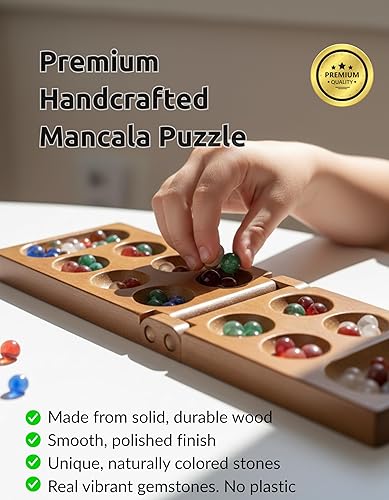 Miniatura 3 de Juego de mesa Mancala de madera - Juego clásico de estrategia de piedra africana con piedras de vidrio de colores - Juego de viaje plegable y juego