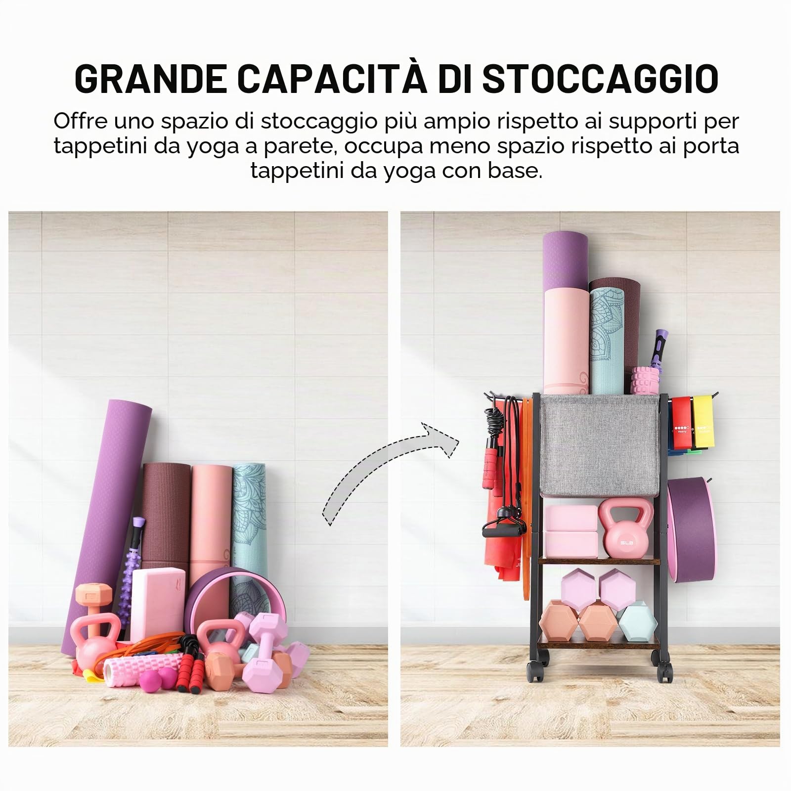 Bikoney Organizzatore Palestra Casa Multifunzionale, Rack Porta Manubri e Pesi con Supporto per Tappetini Yoga, Carrello Fitness per Kettlebell, Rulli di Schiuma e Bande, con Ruote e Ganci