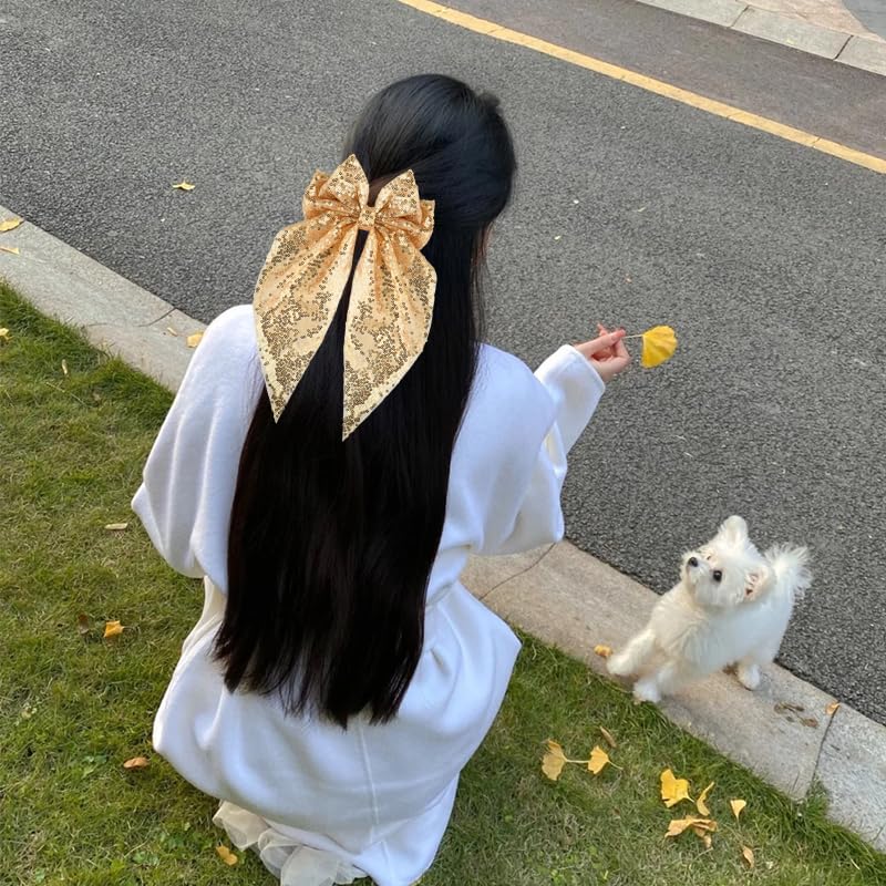 Gold Glitter Hair Bow Clip for Women Girls Big Christmas Bow Hair Clips Gold Cosplay Christmas Hair Accessories for Girls Women Sparkly Long Tail Hair Bow Clips Cute Christmas Hair Bow Barrette Bling - Image 7