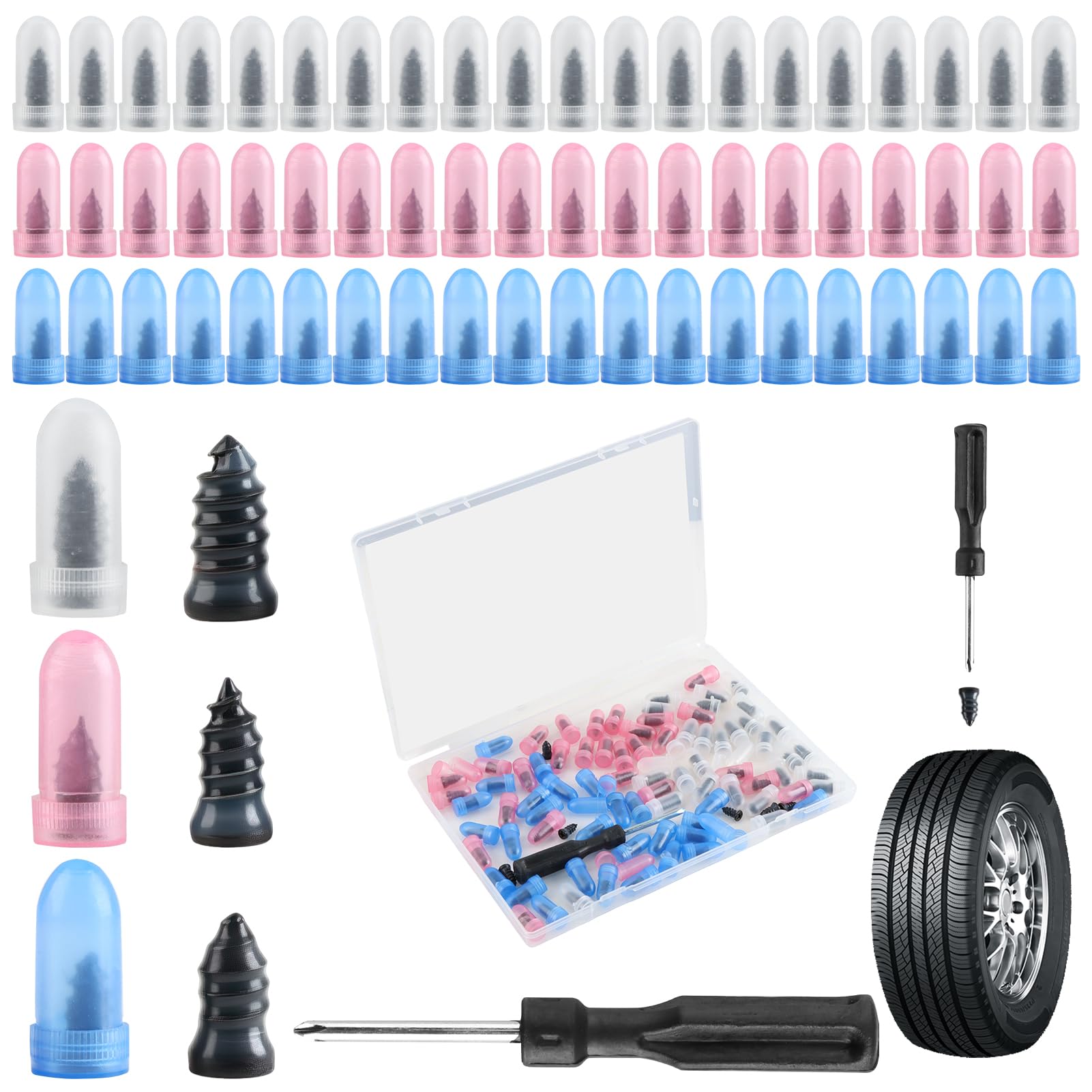 Piaeny 92 PCS Tyre Repair Kit Rubber Nails, with Screwdriver and Storage Box, Motorcycle and Bicycle Puncture Repair, Durable Self-Service Tyre Repair Tool(30S +30M +30L)