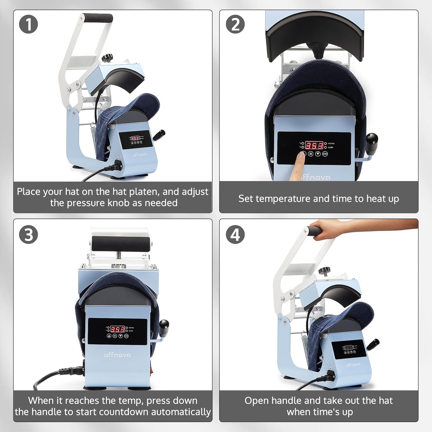 Four-step process for using the OFFNOVA Hat Heat Press Machine
