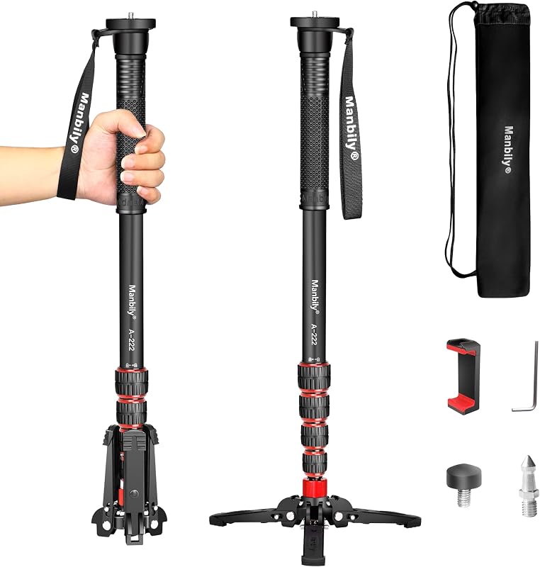 Manbily Kihúzható Alumínium Kamera Monopod Lábakkal, Hordozható Utazó Állvány DSLR Canon/Sony/Telefon, 5 Szekciós 170 cm-ig, 7 kg Teherbírás