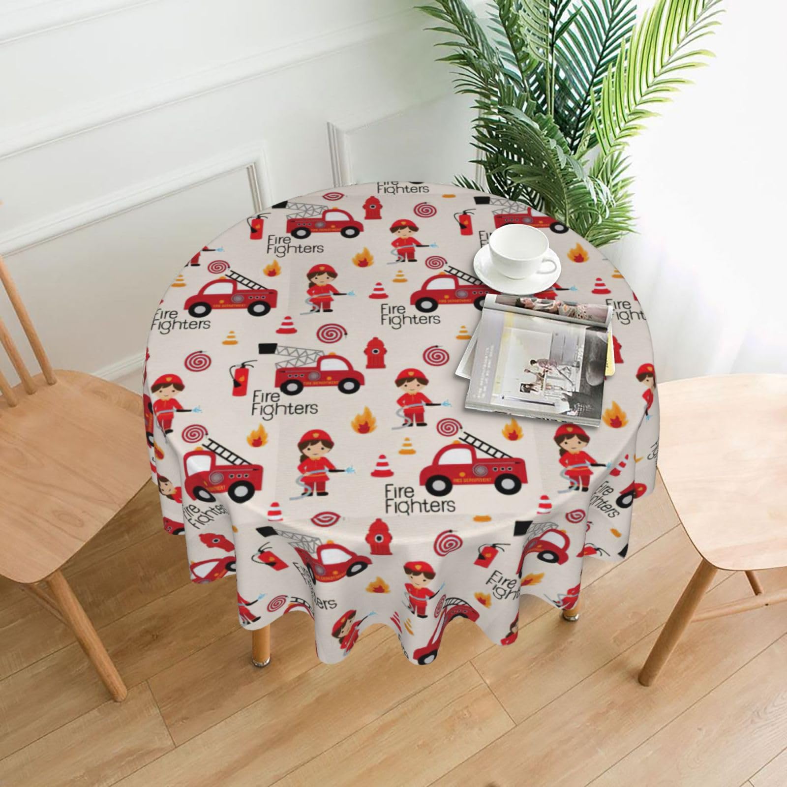 Zcmkjlg Little Boys and Girls in FireFighters Print Quick Ship Round Tablecloth 60in Polyester Washable Cover for Dining Room
