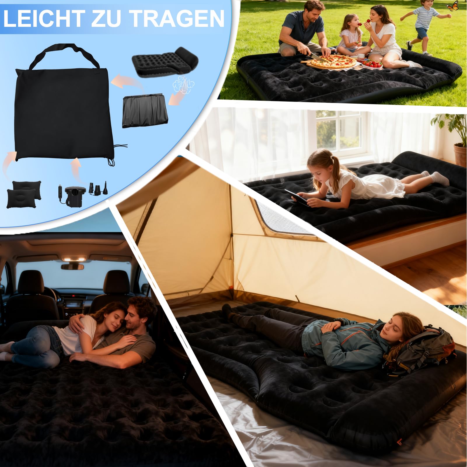 Auto Matratze - Luftmatratze Camping Bed Auto Aufblasbare Matratze für SUV MPV Minivan Kofferraum, 185x140x20cm Autobett Schlafmatte Air Mattress Luftbett für Road Trip Reise