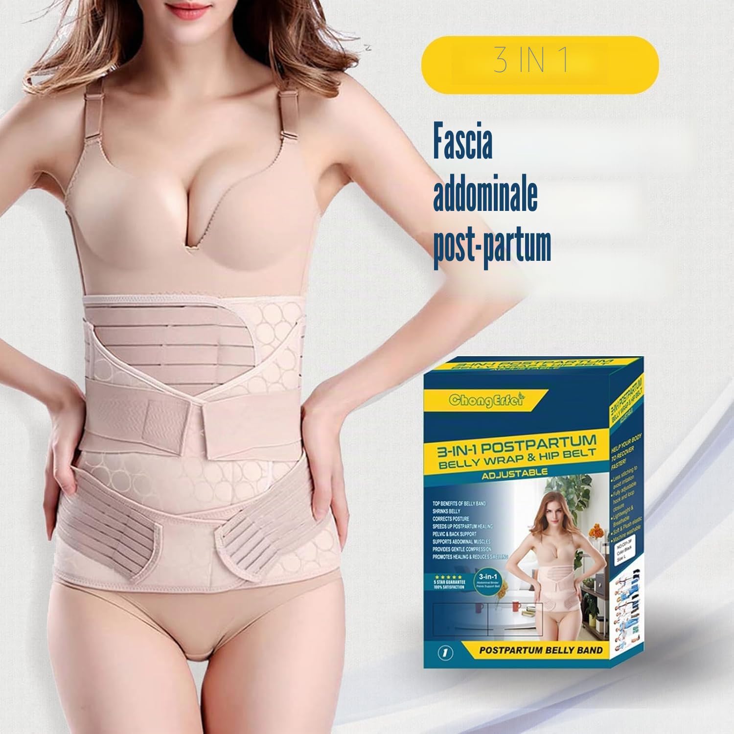 Chongerfei Cintura ventrale 3 in 1 Post Partum, Cintura per Pancia/Vita/Bacino di Recupero (One Size, Beige)