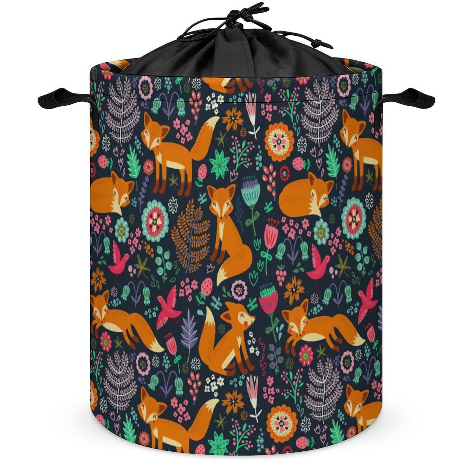 Wlntrophic Drawstring Laundry Hamper, Cute Fox Floral Laundry Basket, Washing Basket with Handle