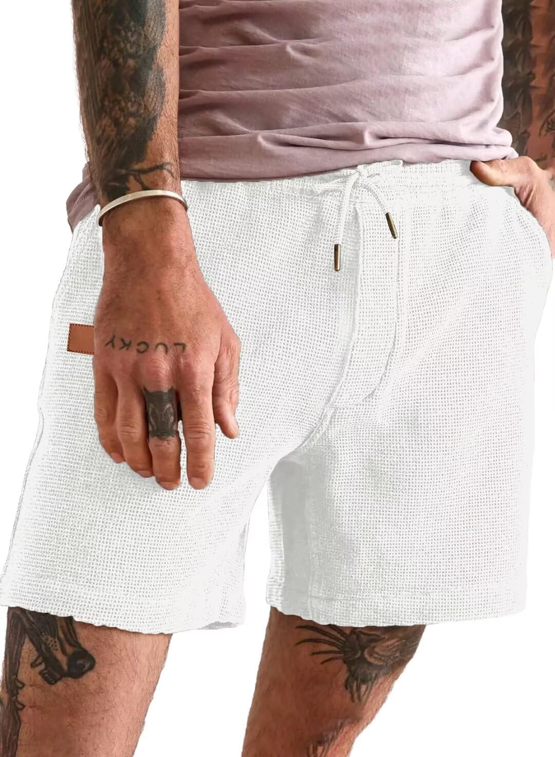 Mens Shorts Casual Waffle Elastic Waistc Drawstring 7" Shorts Summer Beach Lightweight Shorts with Pockets