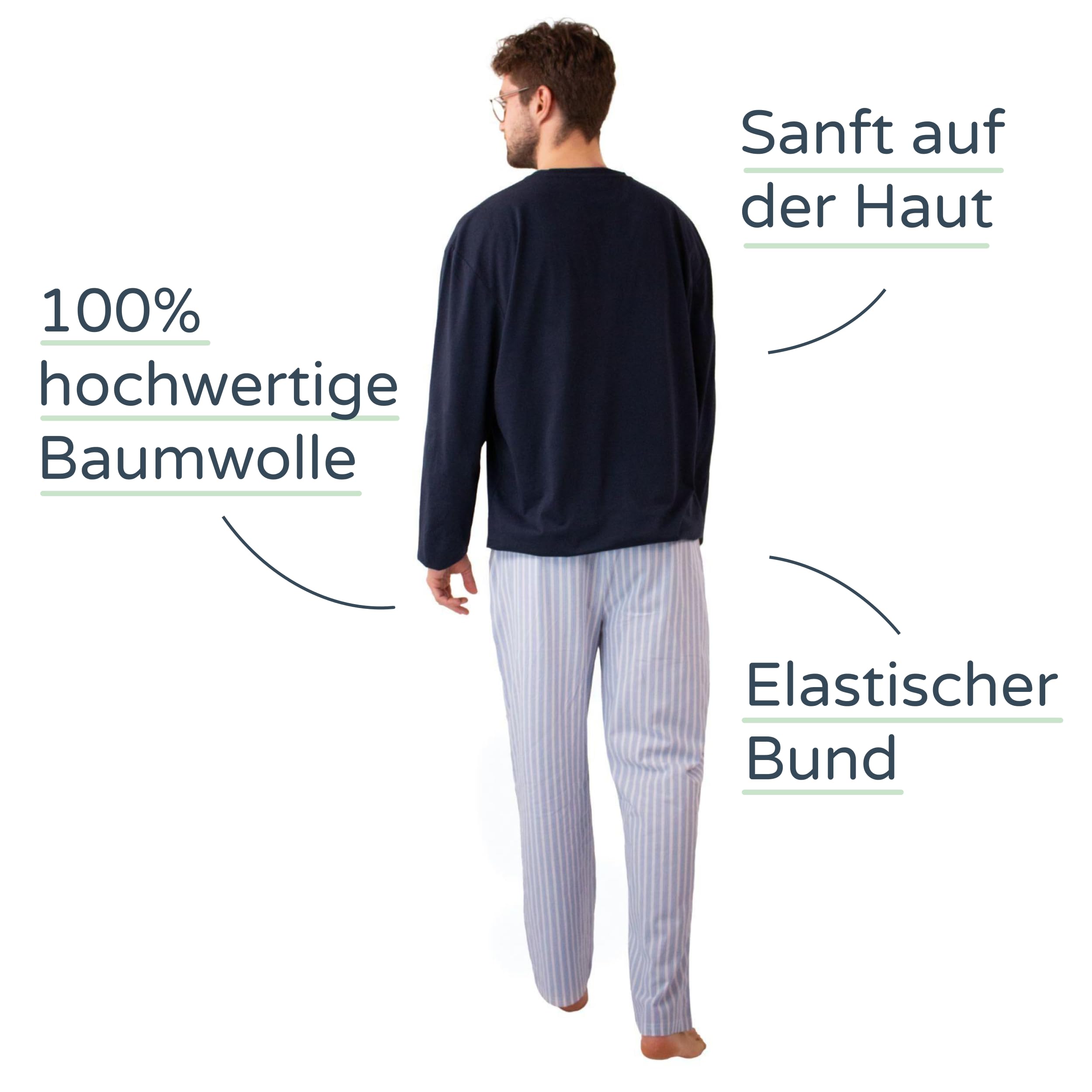 lunon Pigiama lungo da uomo, con confezione regalo, set da 2 pezzi, 100% cotone, a maniche lunghe, Pijama for Men, design senza tempo, adatto per inverno ed estate
