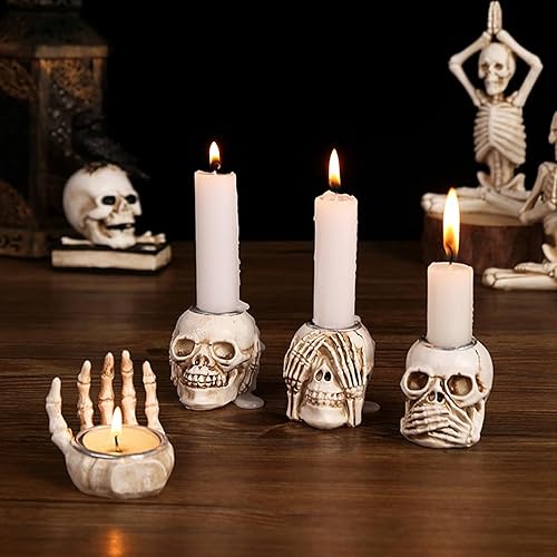Miniatura 6 de Whaline 4 portavelas de Halloween, diseño de esqueleto gótico, calavera de palma, candelabro, portavelas de resina para el hogar, mesa, temática