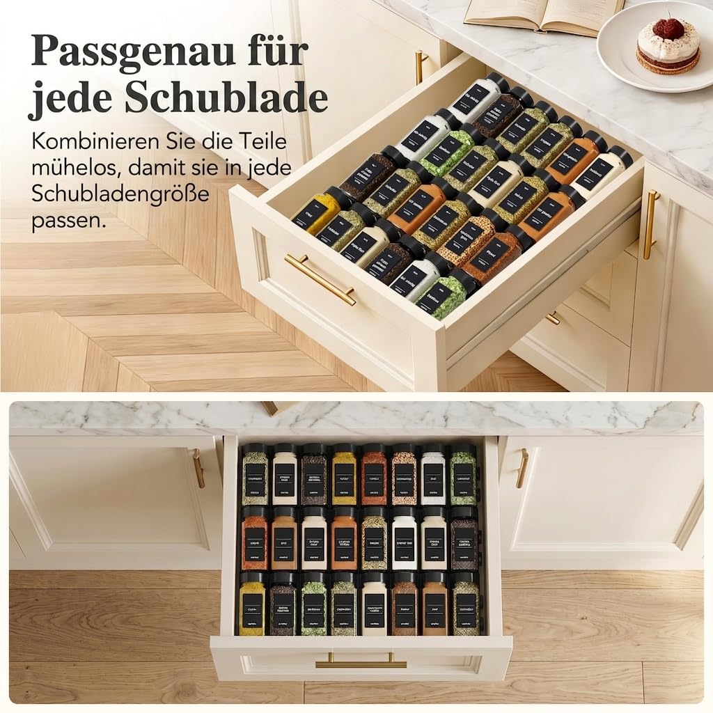 Lifewit Gewürzregal Schublade mit 24 Gewürzgläser und 250 Gewürzetiketten | Verstellbarer Gewürz Organizer mit Kleber und Antirutschpads, Gewürzhalter für Schubladen mit mindestens 7,5cm Ihnnenhöhe