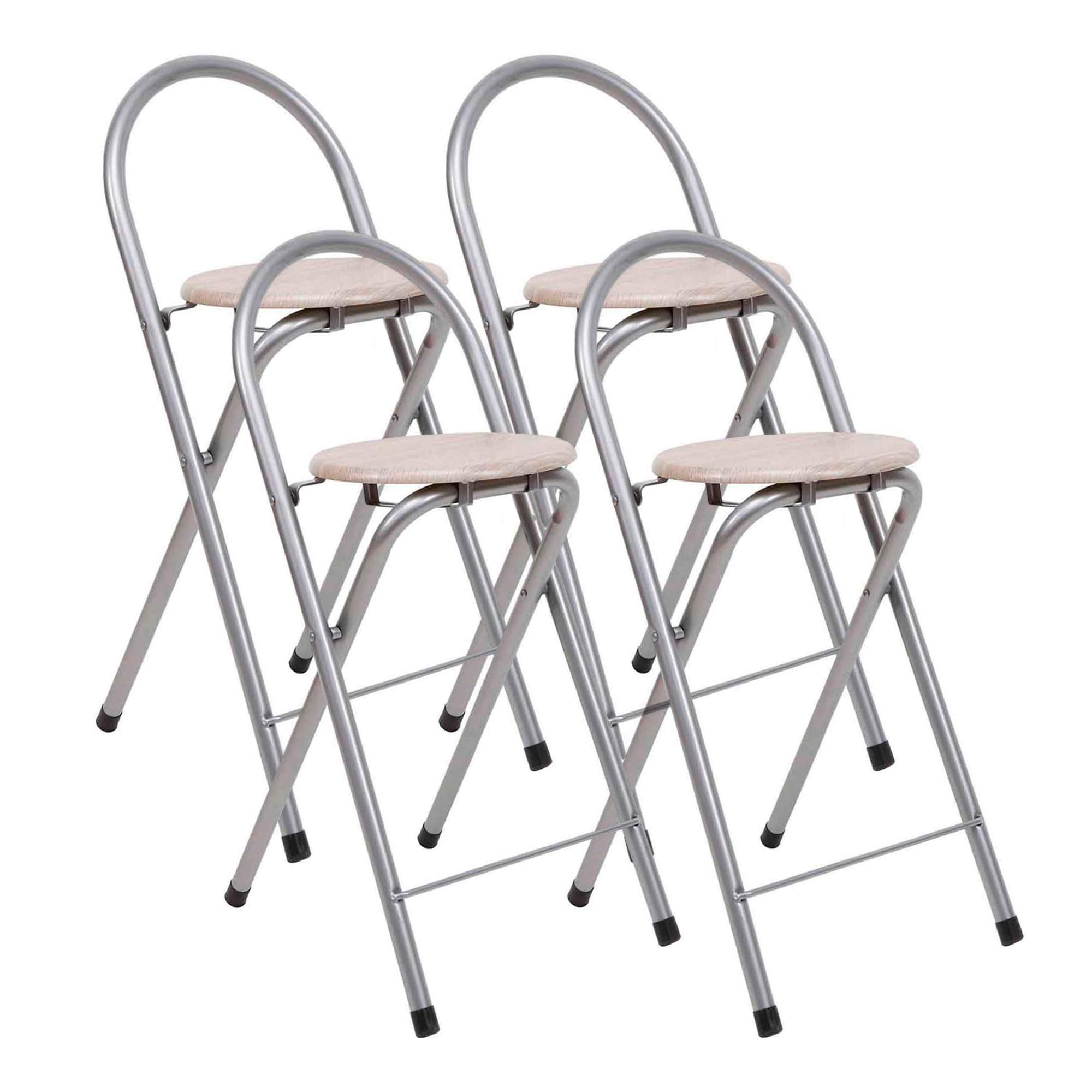 THE SECRET HOME - Pack de 4 Taburetes Plegables de Cocina - Asiento Plegable de Metal y Madera - Taburete Apto para Interior y Exterior (Alto: 80 cm x Largo: 40 cm - Madera Clara/Plateado)