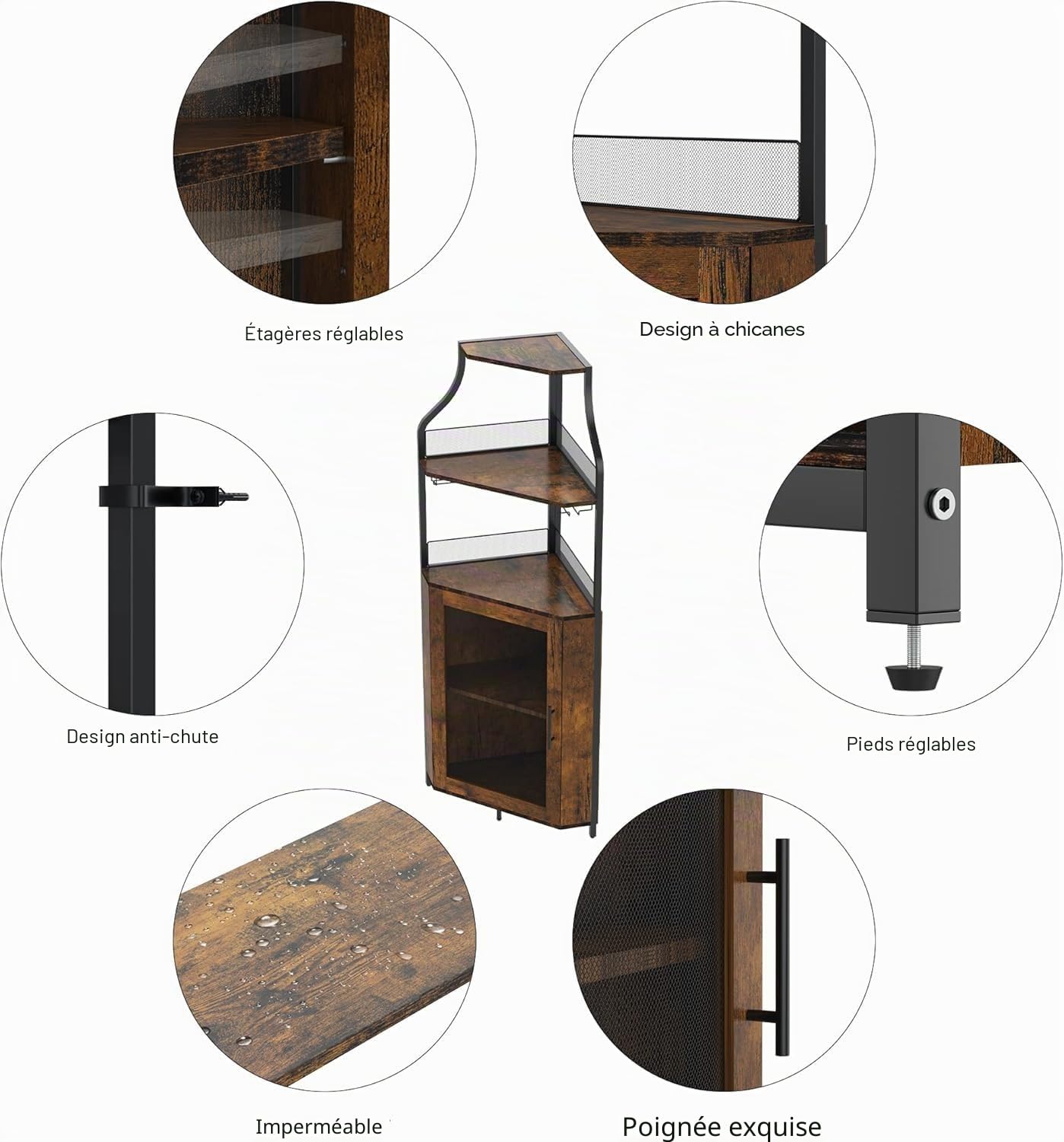 Armoire à vin d'angle avec Table de Travail, Armoire à vin en Bois avec 5 étagères et 2 Supports en Verre et Porte en Maille pour Cuisine, Salon, Salle à Manger (152 x 90 x 32 cm, Naturel)