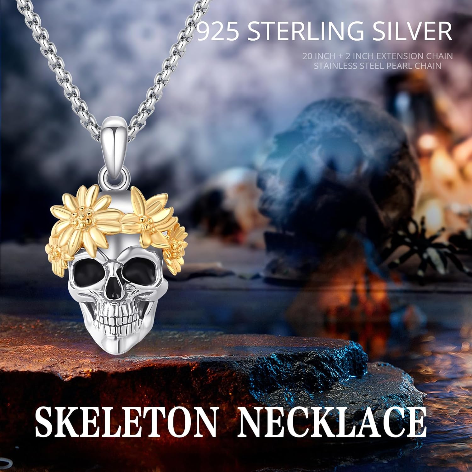 Skull Necklace 925 Sterling Silver Memento Mori Necklace Goth Skull Halloween Jewelry for Men Women - Image 3