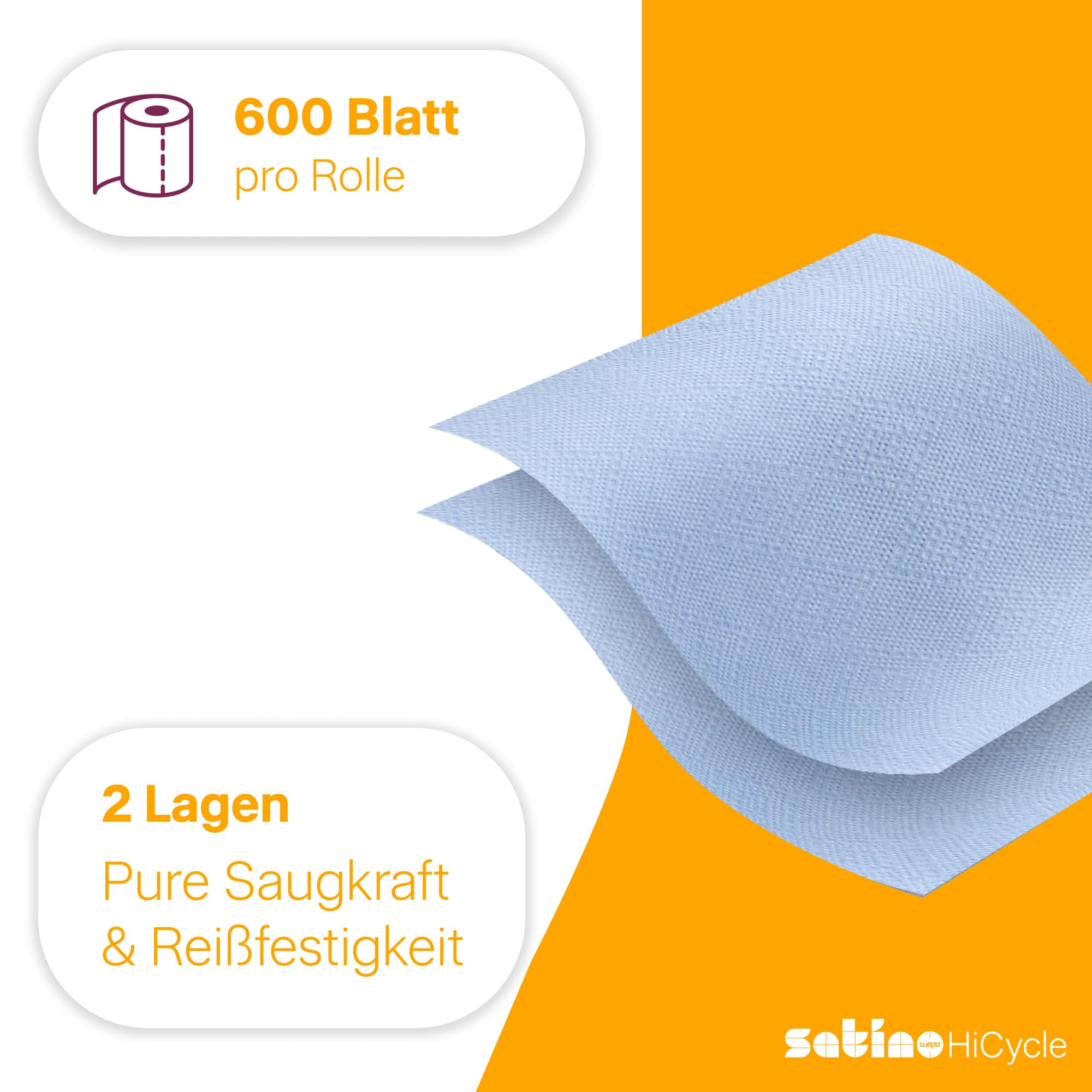 Putztuchrolle blau - 2-lagig – 12 x 600 Blatt - Made in Germany – Innenabwicklung - reißfeste & saugstarke Reinigungstücher – Satino Putzrolle