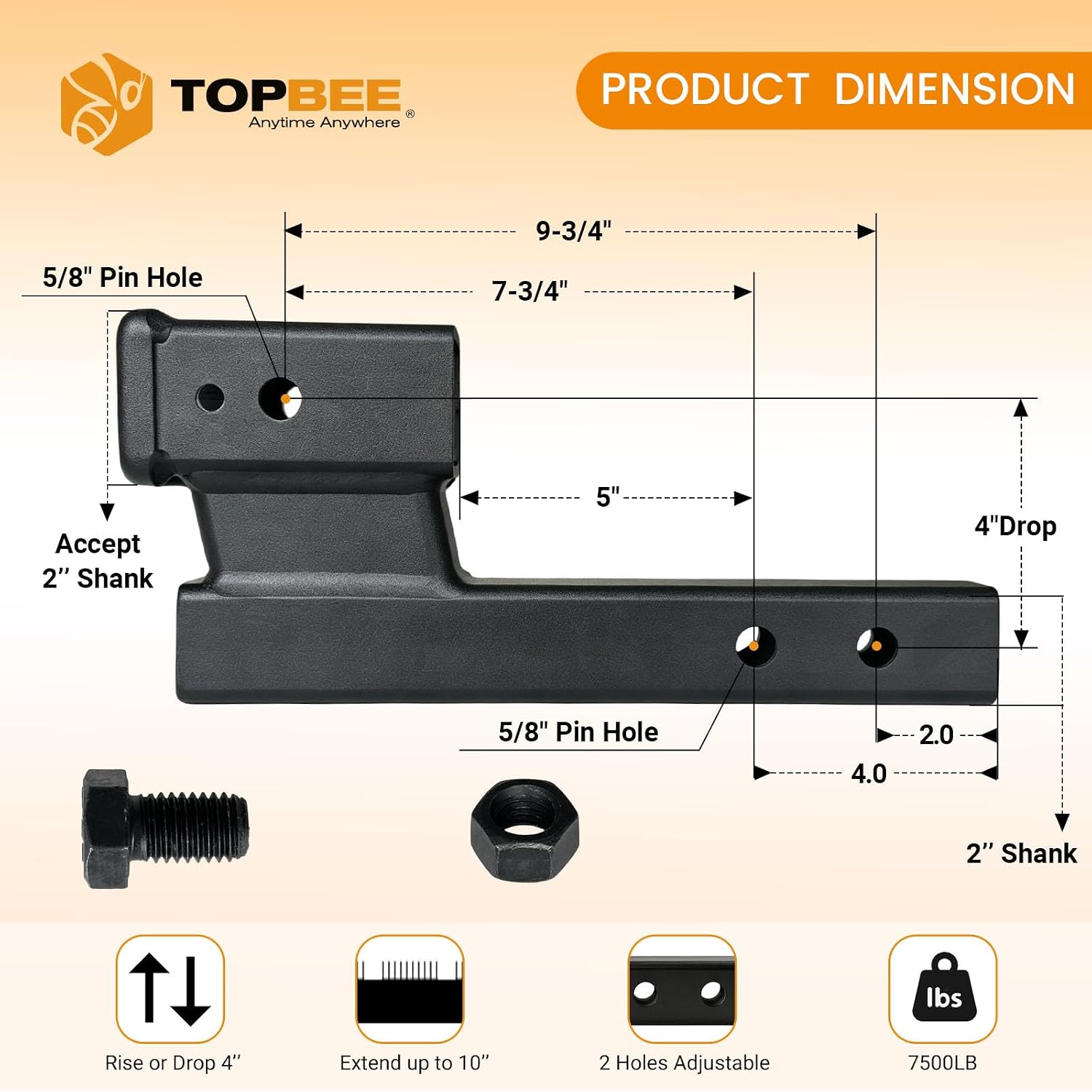 TOBPEE Trailer Hitch Riser Extension Adapter with 4" Drop/Rise, Adjustable 7.75"/9.75" Length, 2" Receiver, 7500 lbs Towing Capacity with Anti-Rattle Bolt