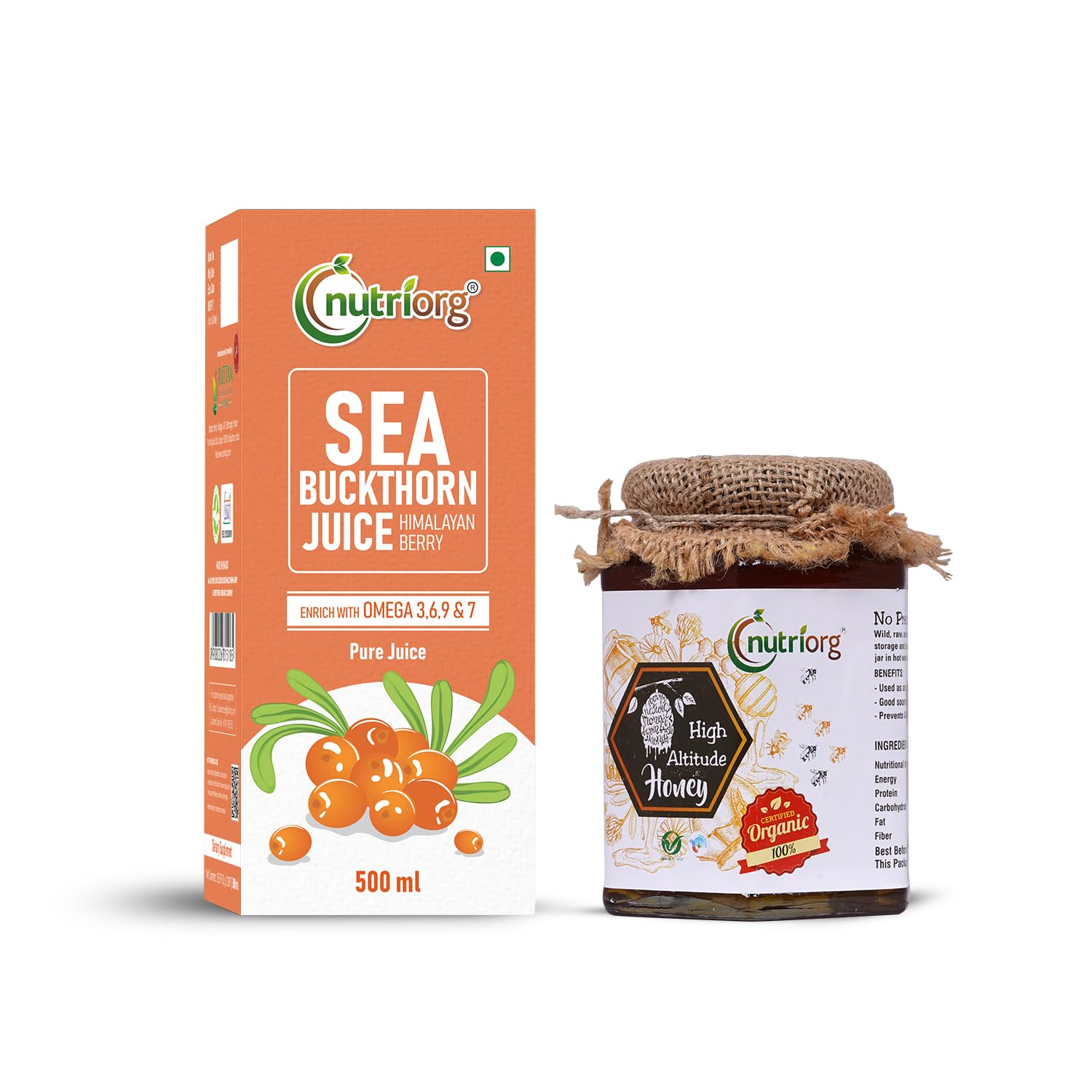 Nutriorg Seabuckthorn Juice 500Ml & Organic High Altitude Honey 500G | Energy Booster | Good for Skin