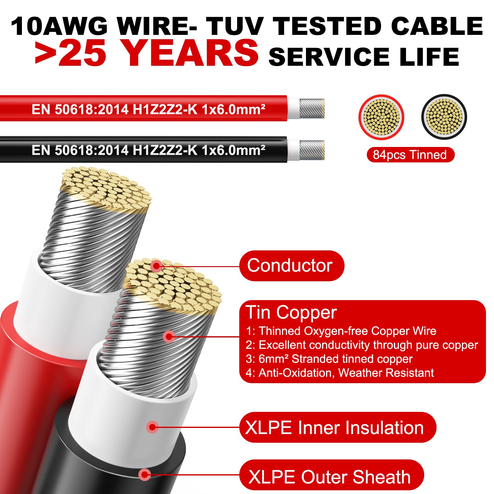 Oududianzi 2 cables solares fotovoltaicos de 10 AWG de 150 pies