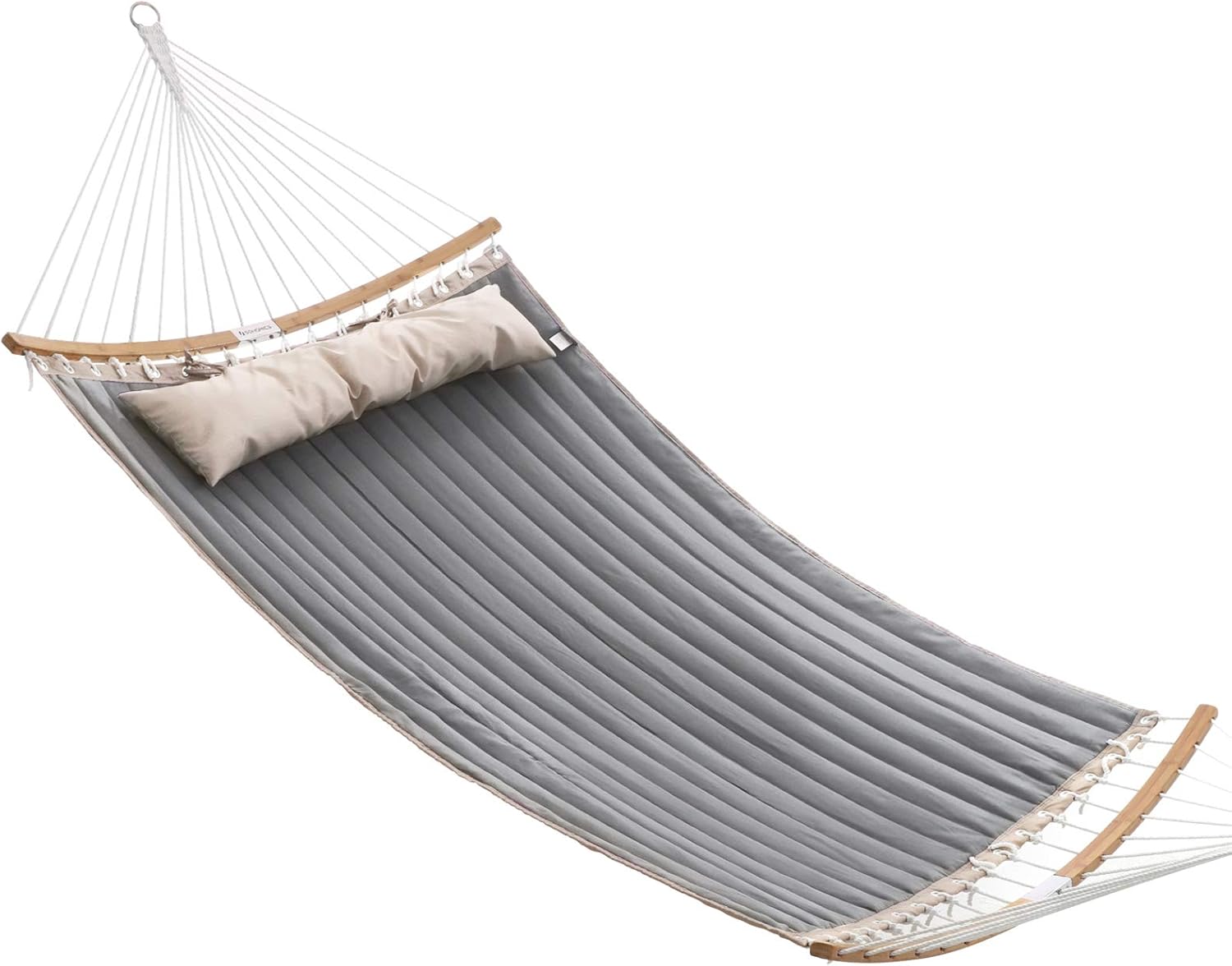 SONGMICS Hammock, Quilted Hammock with Curved Bamboo Spreaders, Pillow, 78.7 x 55.1 Inches, Portable Padded Hammock Holds up to 495 lb, Gray and Beige UGDC34CG Hammock Gray + Beige