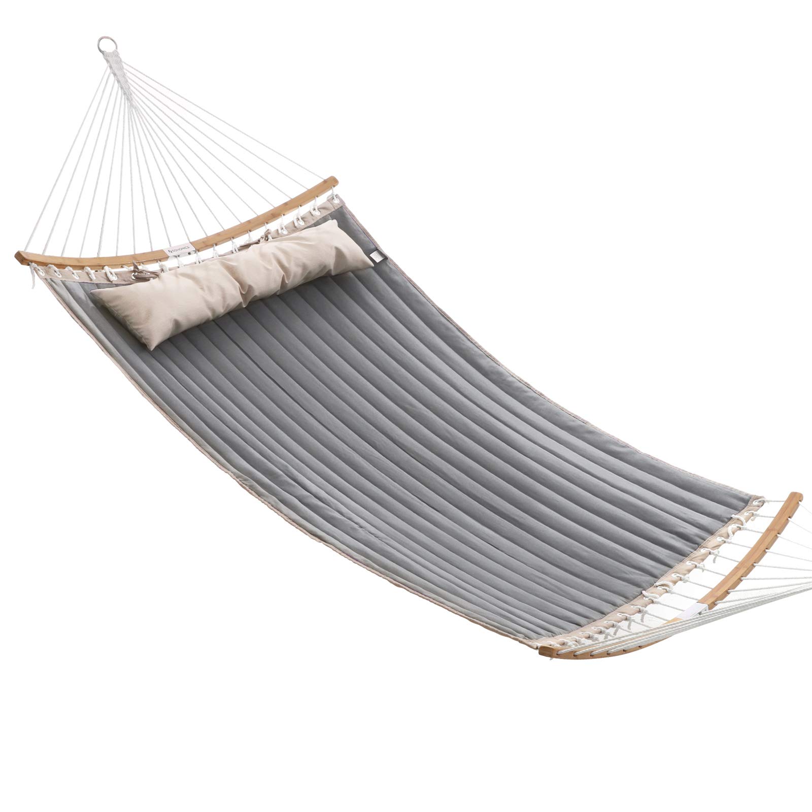 songmics hammock, quilted hammock with curved bamboo spreaders, pillow, 78.7 x 55.1 inches, portable padded hammock holds up to 495 lb, gray and beige ugdc34cg