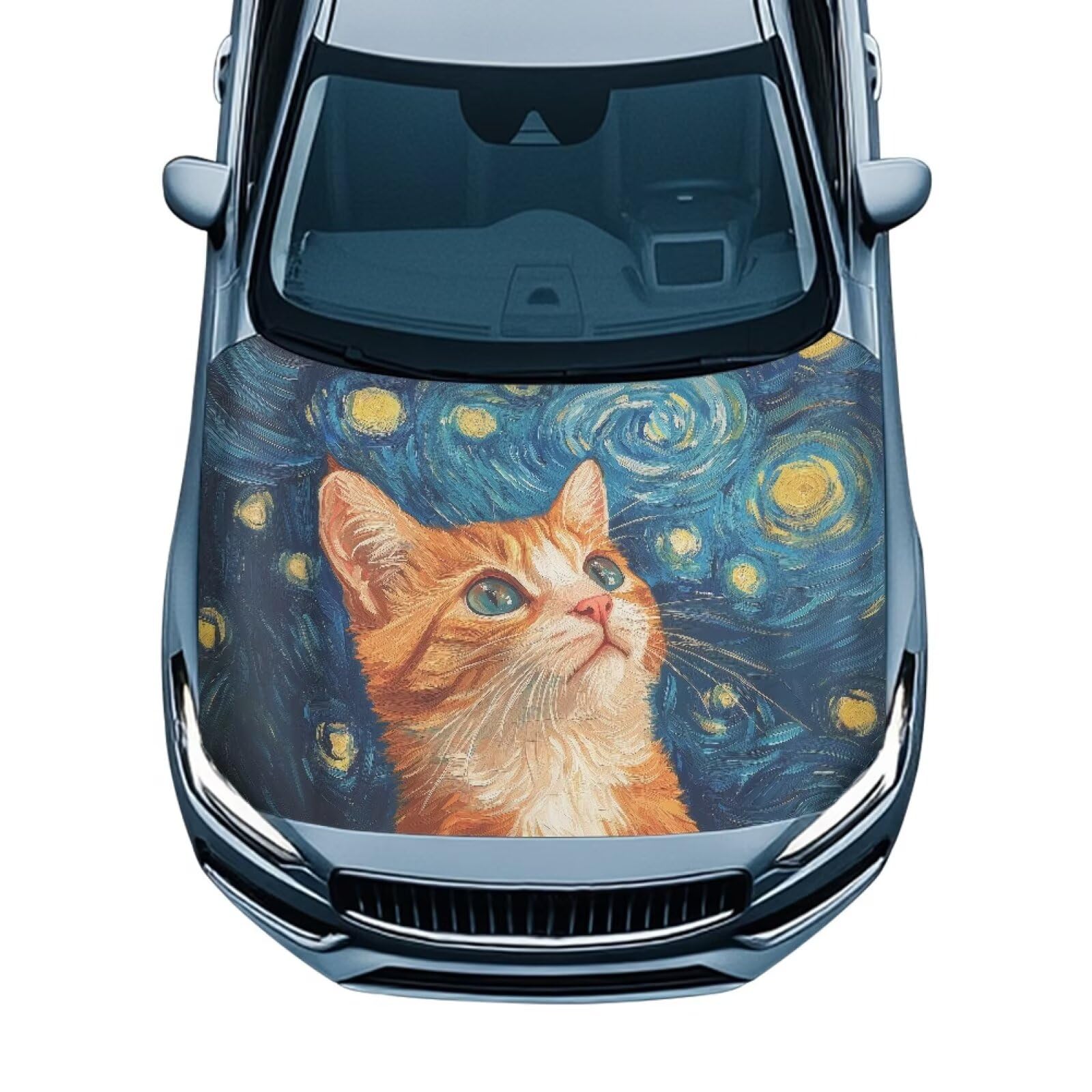 Starry Sky Cat Car Hood Cover Weatherproof Automotive Exterior Accessories Universal Fit Hood Covers for Cars, Trucks, SUV, or Van Full Coverage with Elastic Band