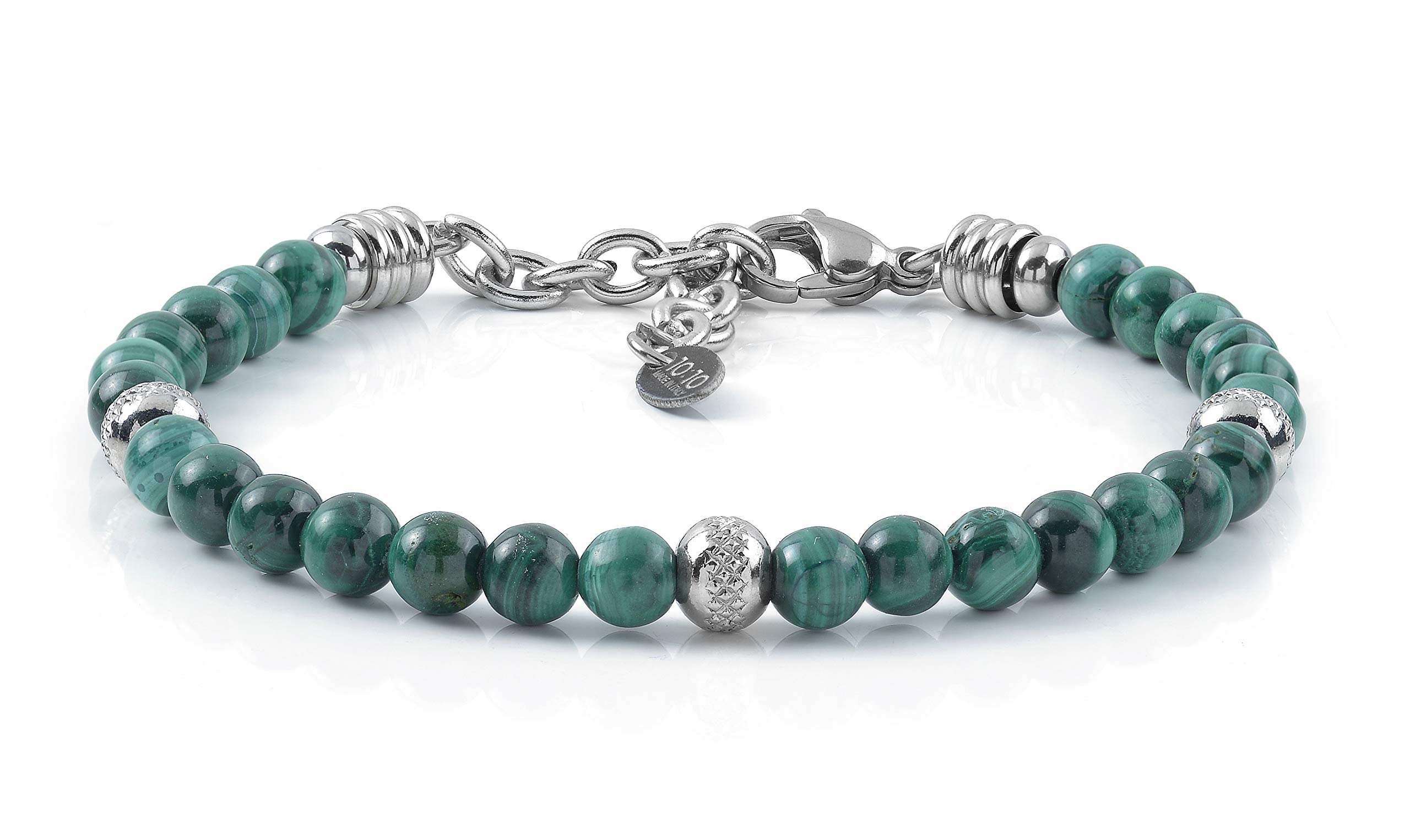 10:10 Bracciale in acciaio inox e pietre naturali di malachite da 6 mm e perle in acciaio inox, bracciale per uomo e donna molto resistente prodotto in Italia.