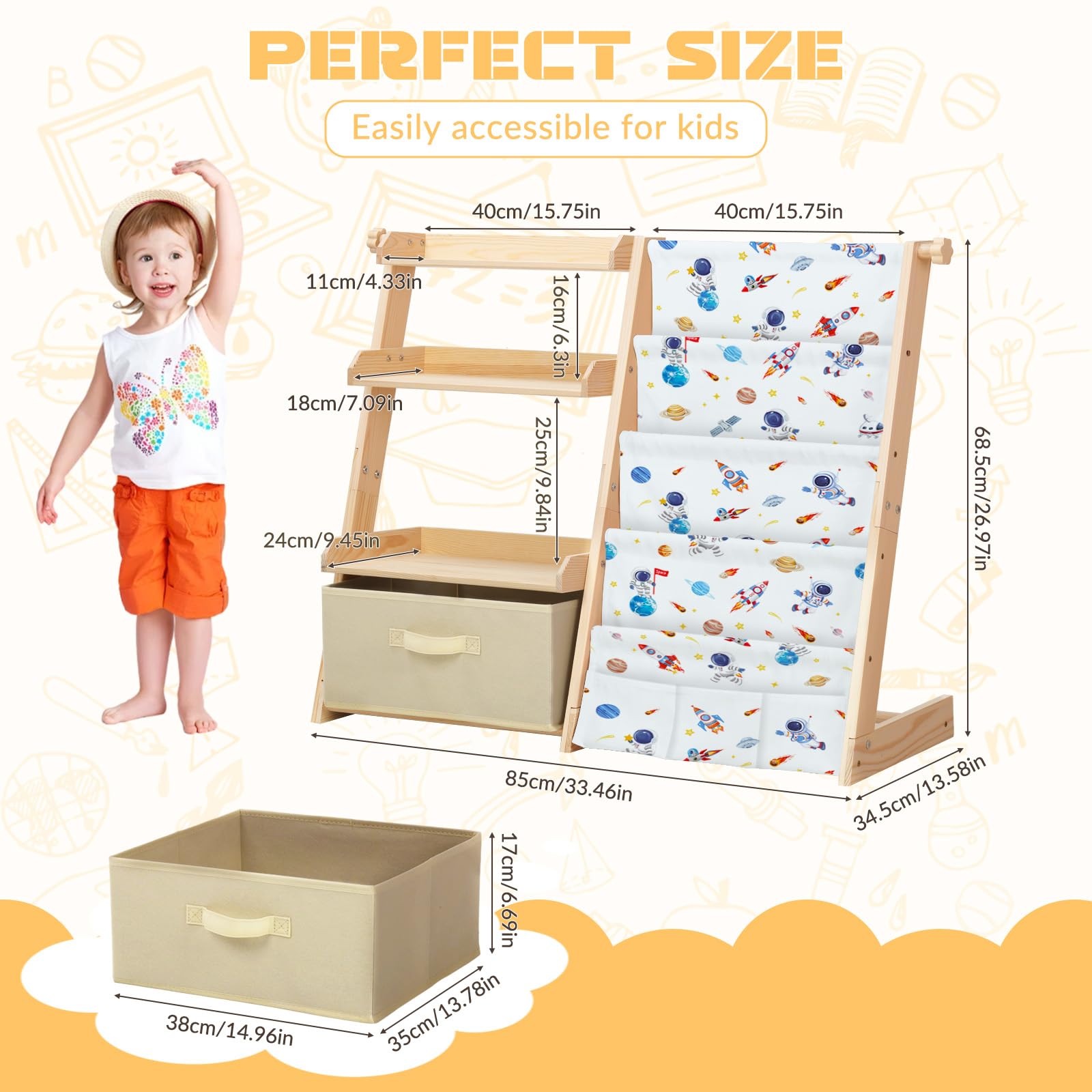 Libreria per Bambini con 4 Ripiani e 3 Scomparti Aperti, Scaffale Giochi Bambini con Scatole e 3 Tasche, Scaffale Portagiochi per Camerette, Librerie Montessoriana per Bambino e Bambina (Astronauti)