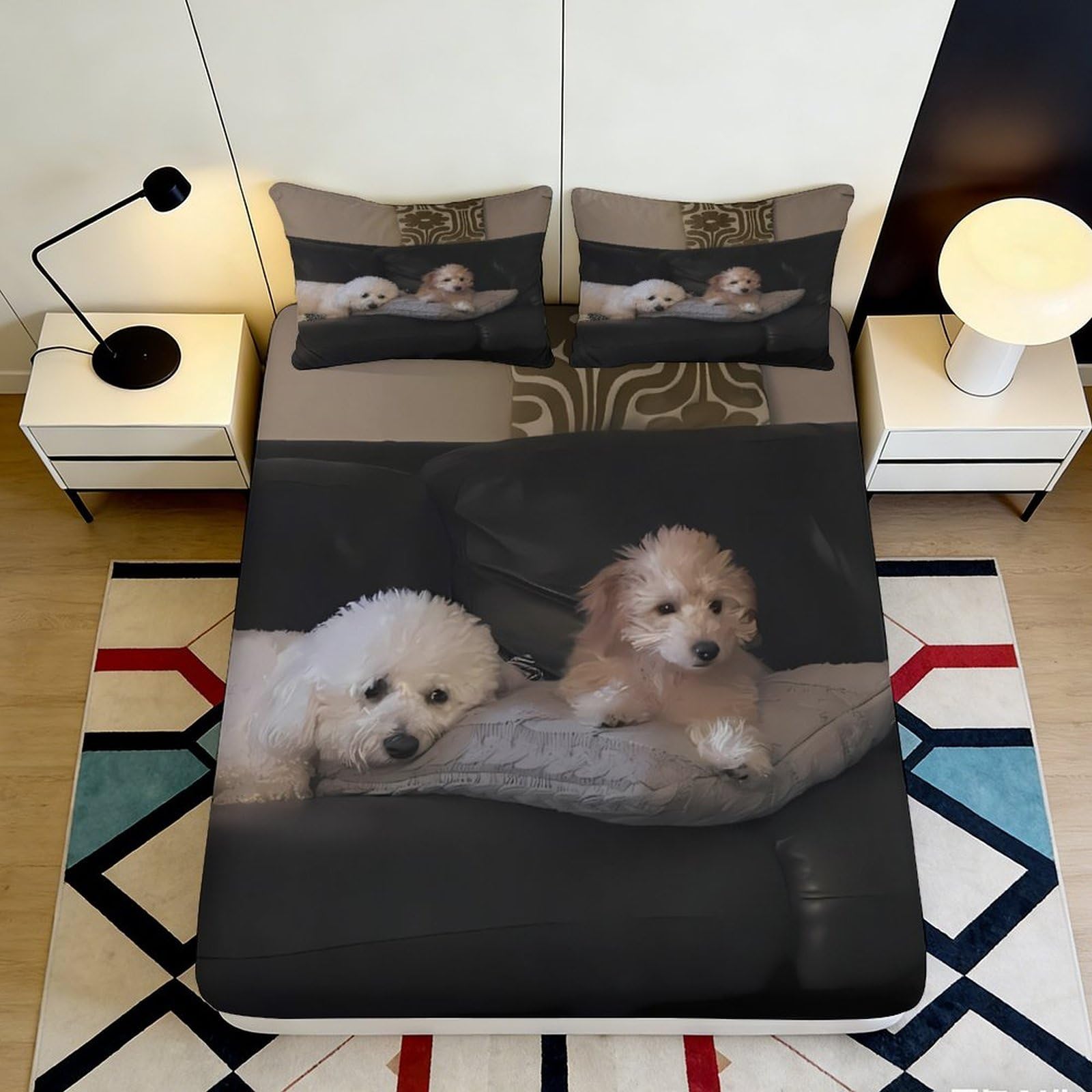 3D Printed Cute White Poodle Fitted Sheet Microfiber Anti-Slip Dog Cartoon Mattress Cover Bedroom Decor 120x200x25cm