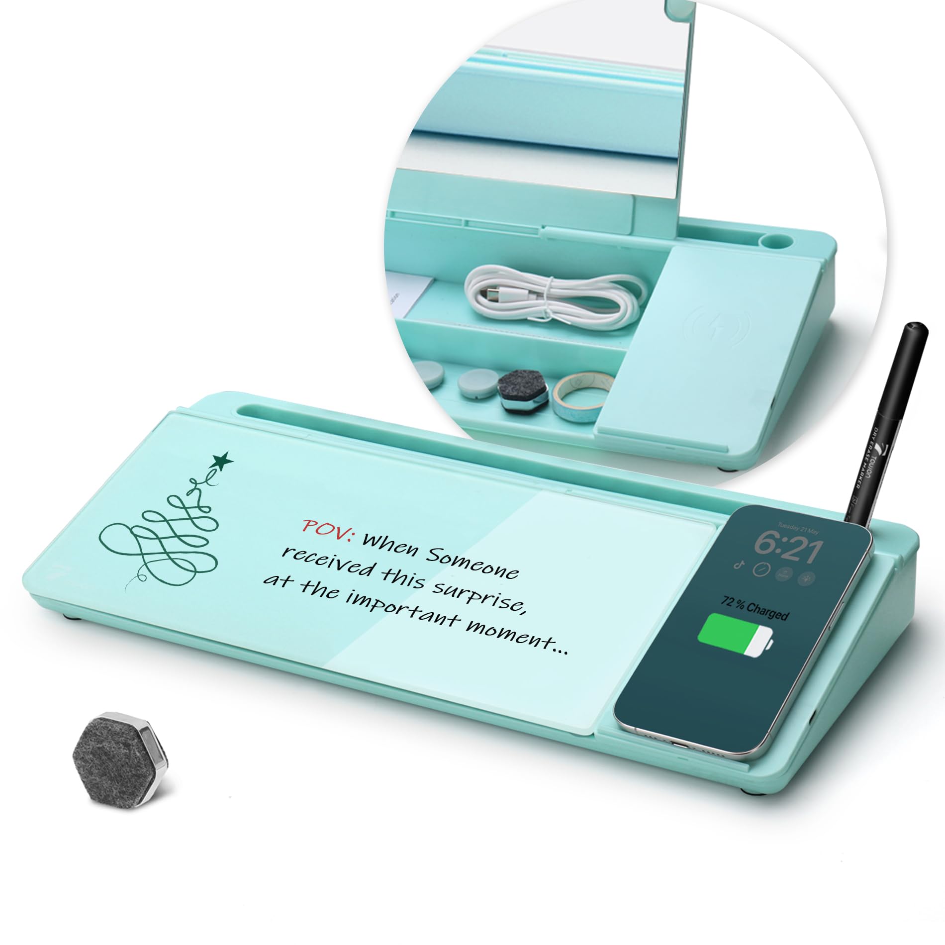 TOWON Desktop Glass Whiteboard with Charger Pad, Whiteboard for Desk with Charging Station, Desk Buddy Dry Erase with Charger for Home Office, Dry