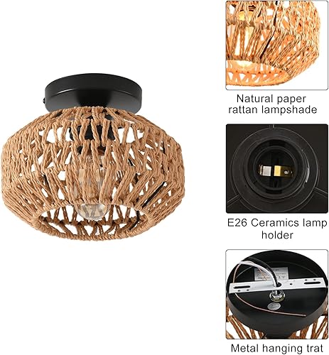 Miniatura 7 de Paquete de 2 lámparas de casa de campo para montaje en techo, mini lámpara de techo de ratán bohemio semiempotrada, lámparas tejidas a mano para