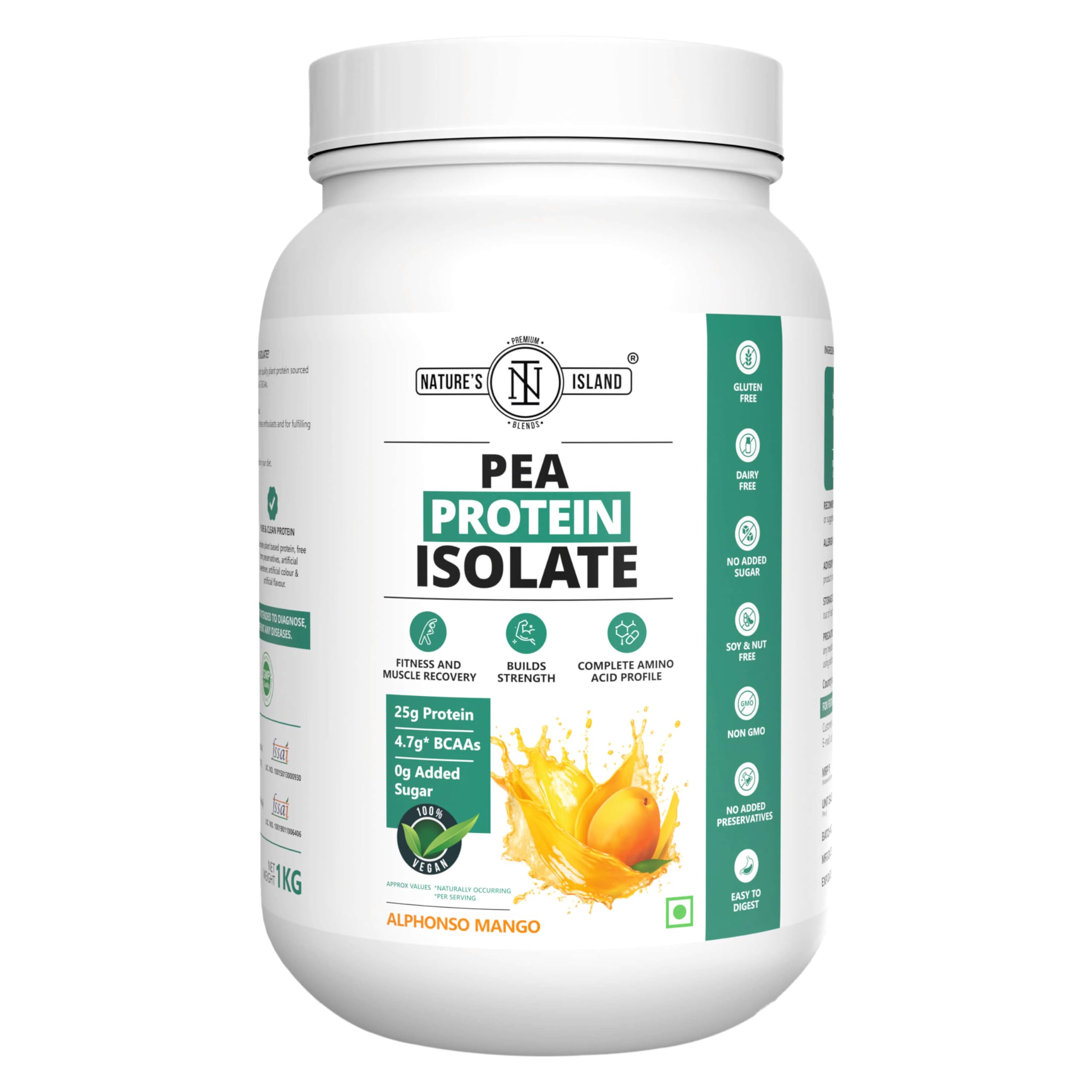 Nature's Island Plant Protein 1 Kg | Canadian Pea Protein Isolate | Vegan | 25 G Protein/Serving | Easy To Digest | All Essential Amino Acids | No Sugar | No Preservatives | Mango Flavour