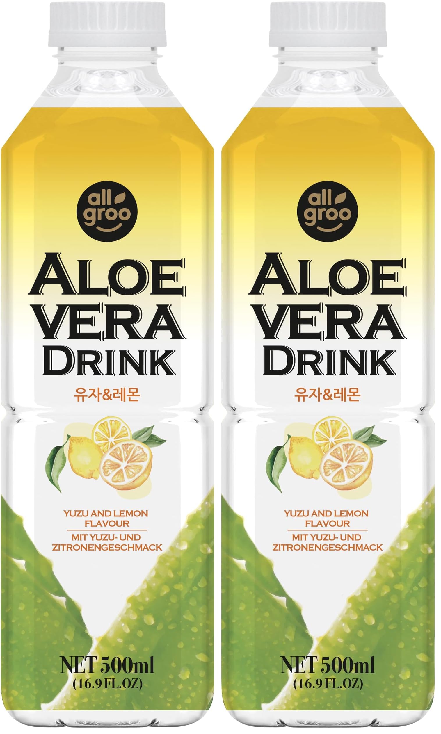 Allgroo Aloe Vera Drink - Erfrischendes Aloe-Vera-Getränk - Geschmacksrichtung: Yuzu und Zitrone mit Fruchtfleisch - Einwegpfand, Vorteilspack (12 x 500 ml) (Packung mit 2)