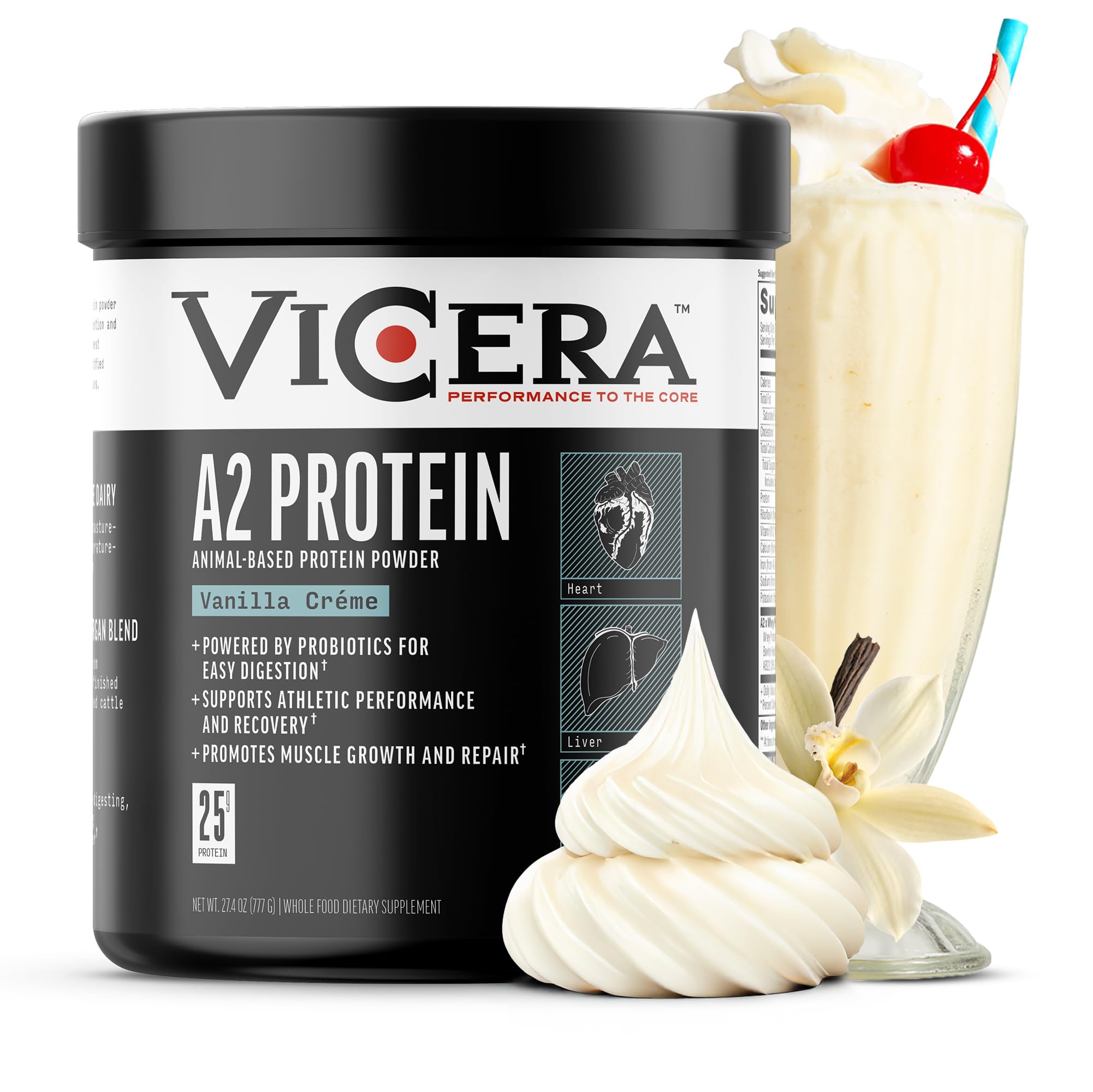VICERA A2 Protein Powder, Vanilla Creme, 25 G Protein per Serving, Organic A2/A2 Whey Casein Blend with Probiotics and Celtic Sea Salt, Gluten Free