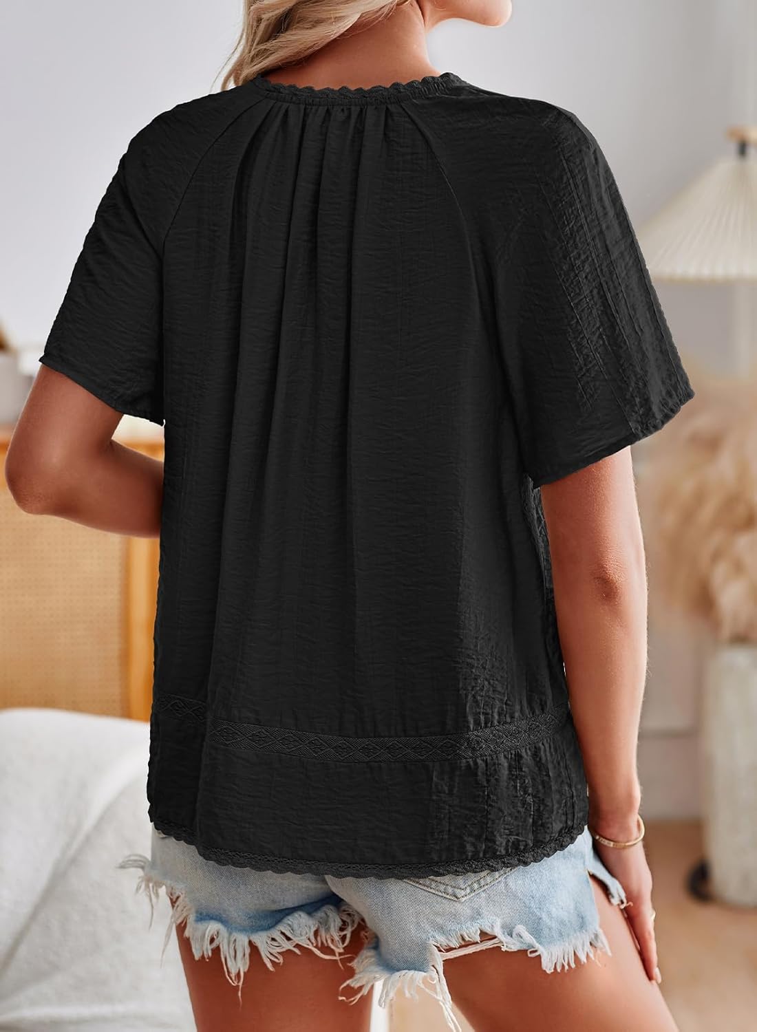 Womens Boho Tops V Neck Short Sleeve Lace Trim Blouses Peasant Tassel Tie Front Casual Cute Shirts - Image 2