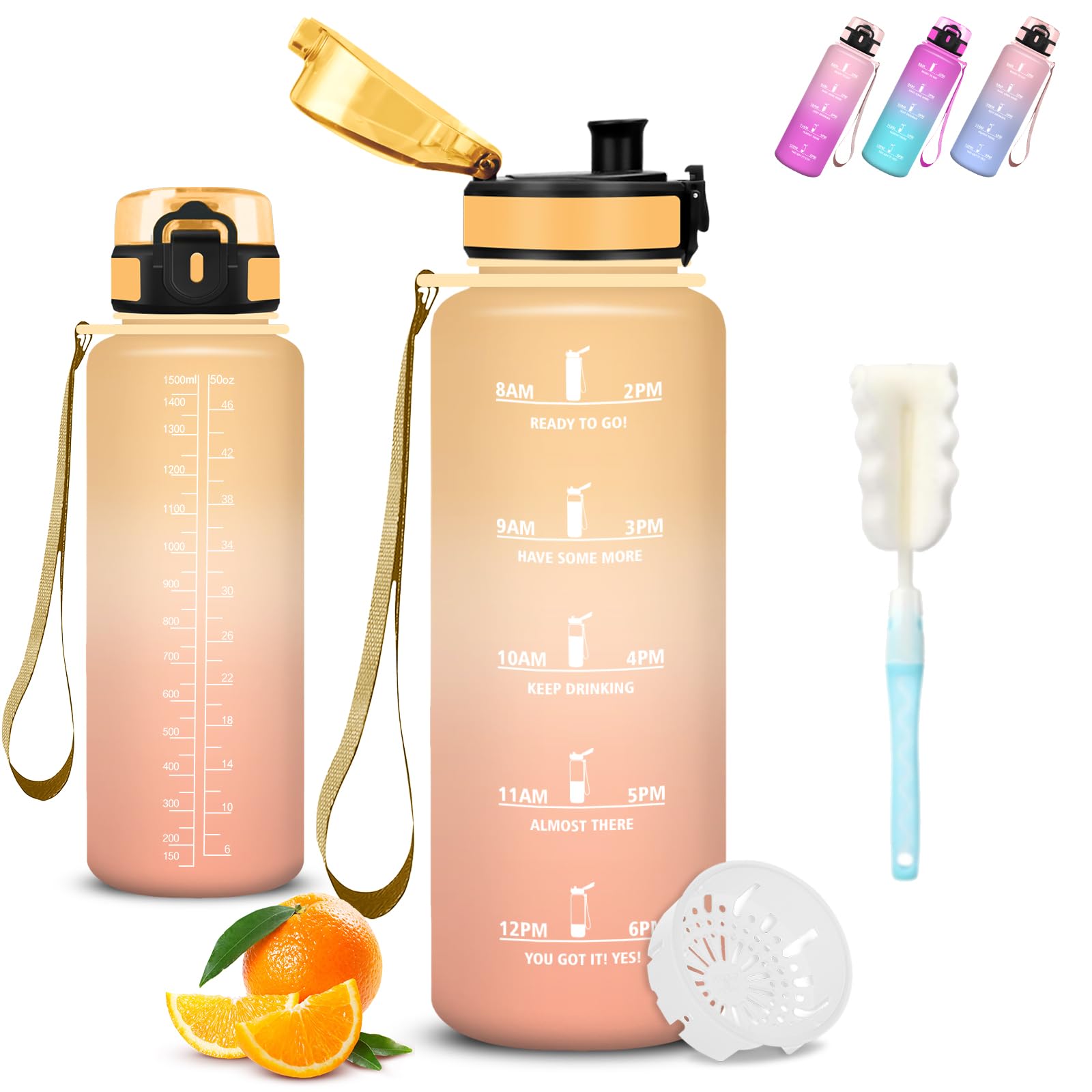 Gourde 1,5l, Gourde Sport, Anti Fuite, Gourdes Graduée pour 1 Journee, Facile à Nettoyer, Gourdes Graduée, avec Slogan de Motivation, Bouteille d'eau pour Yoga, Aptitude, Triathlon, Randonnée - 1