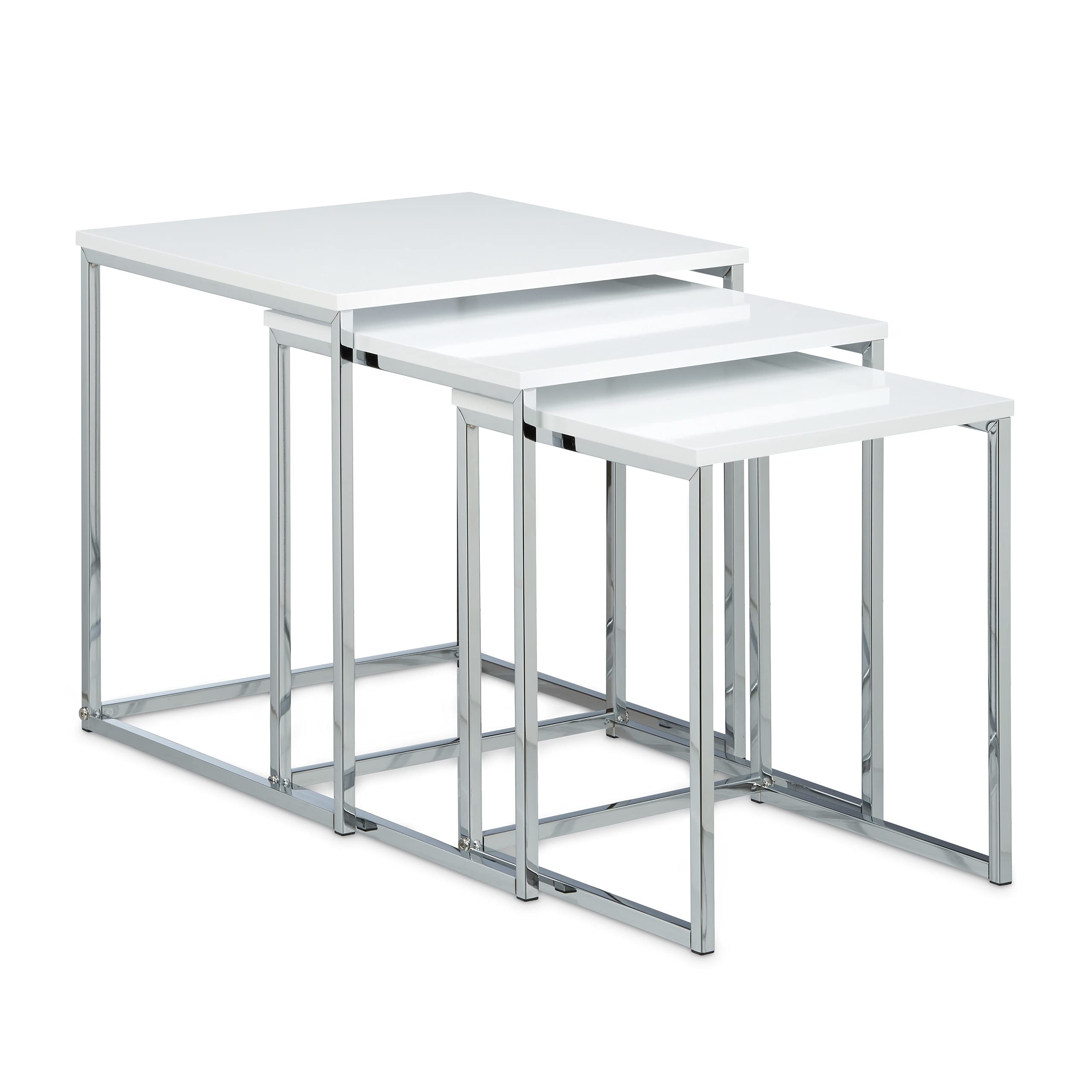 Relaxdays 10020360 Table gigogne lot de 3 HxlxP: 42 x 40 x 40 cm table basse appoint plateau carré en bois avec pieds en métal bout de canapé, blanc
