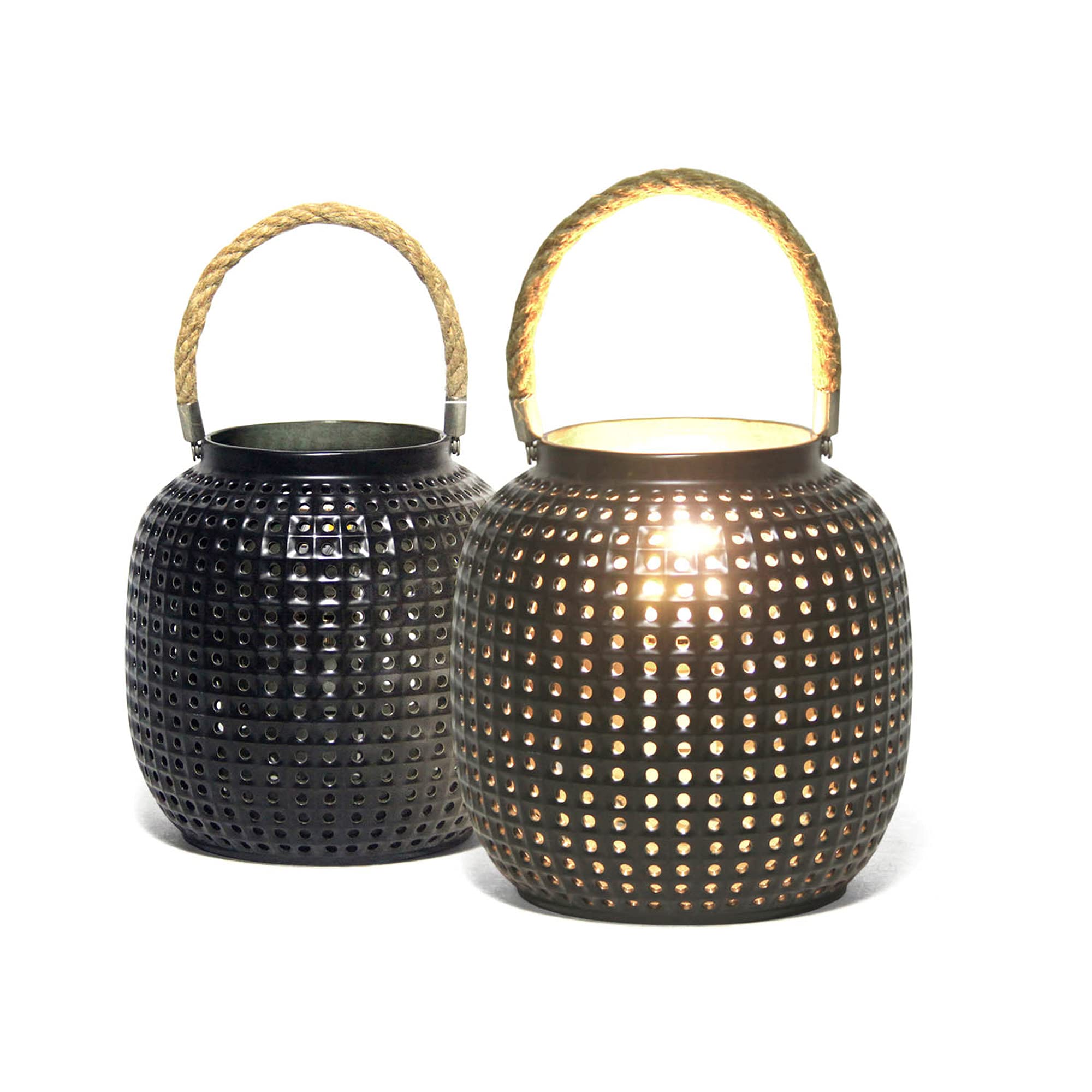 Welink Black Light-Glow Porcelain Lantern Table Lamp – Handcrafted With Perforated Mini Squares And Hemp Rope Handle