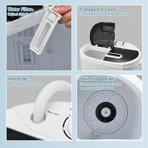 Miniatura 6 de Lavadora de doble tina, lavadora portátil de 15 libras con combo de lavadora y giratoria, drenaje por gravedad, máquina de lavandería