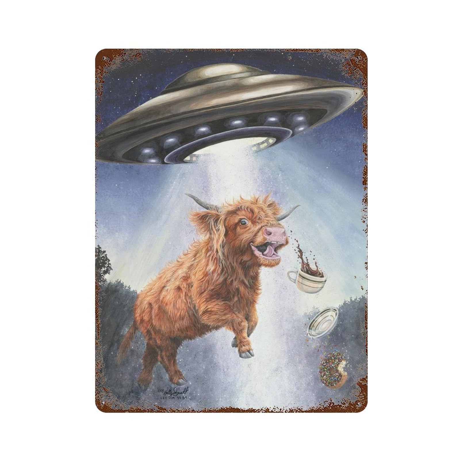Vintage Rust Metal Sign Alien Abduction of Highland Cow with Coffee 15.7"x11.8", Shabby Chic Decor for Cafe, Home Bar And Lounge Decor