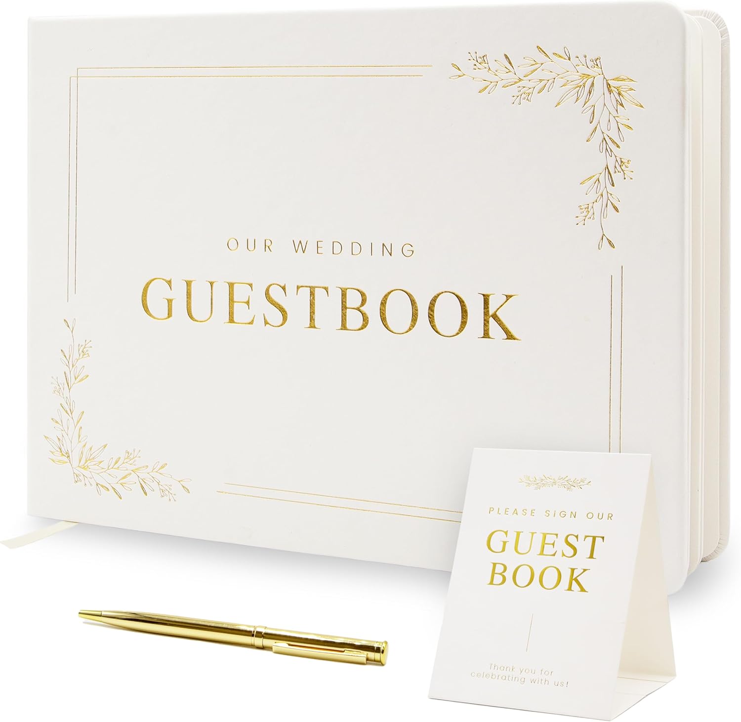 Floral Embossed Wedding Guest Book Set - 9 x 7.5 Hardcover Guestbook for Wedding Reception Sign in, Messages, Bridal Shower Engagement Party (White Cream)