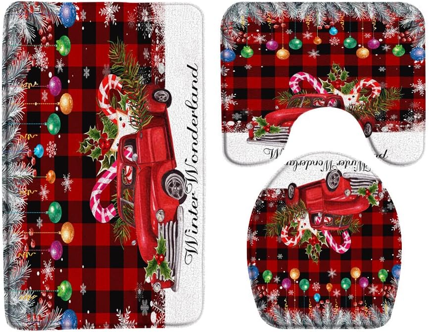 3 Pieces Bath Rugs Merry Christmas Bath Mat Christmas Wreath Snowflake Black and Red Buffalo Check Plaid Xmas Berry Winter,Microfiber Memory Foam 18x30 Inch Bath Mat Sets or Bathroom Decor