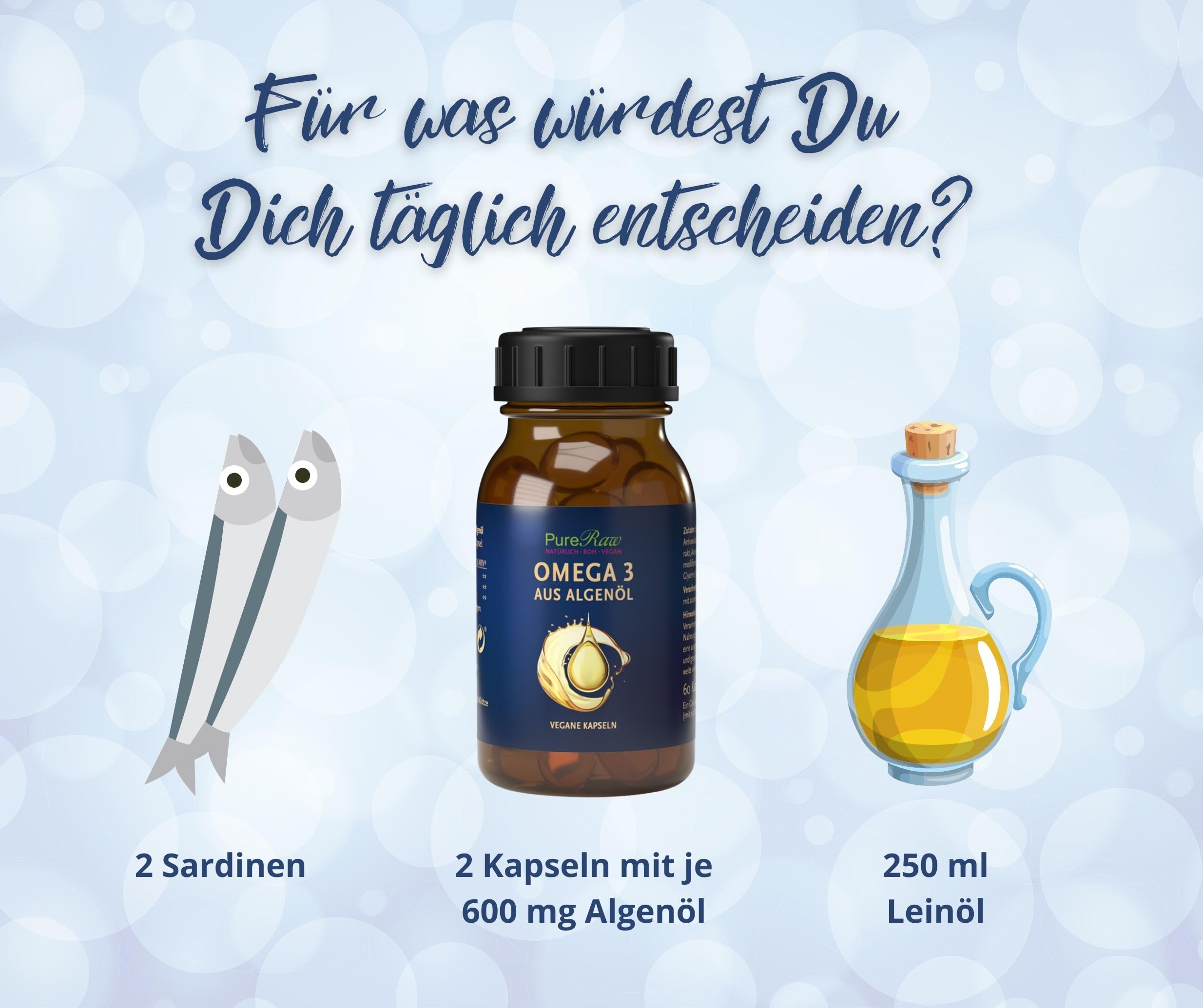 Algenöl Omega 3 Kapseln Vegan Pflanzlich - Algen Öl Essentielle Fettsäuren 604mg Omega3 pro Tag, 140mg EPA, 420mg DHA - Rein & Kontrolliert - Algae Oil Capsules | PureRaw 60 Kapseln