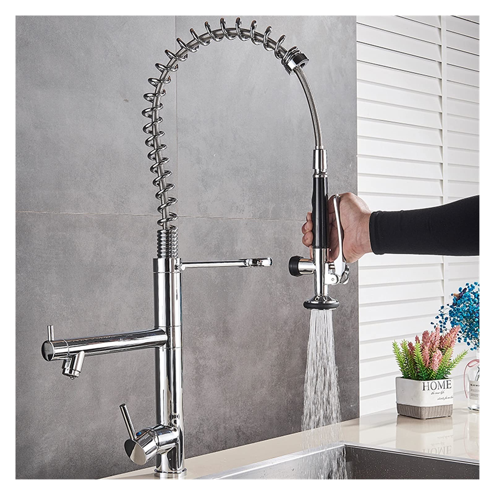 Grifo de Cocina, Grifo de Cocina extraíble, Cabezal de rociador de Manos Libres con Cerradura, Grifo de Cocina de Agua fría y Caliente, caño Giratorio/Grifo Cromado Comfortable Anniversary