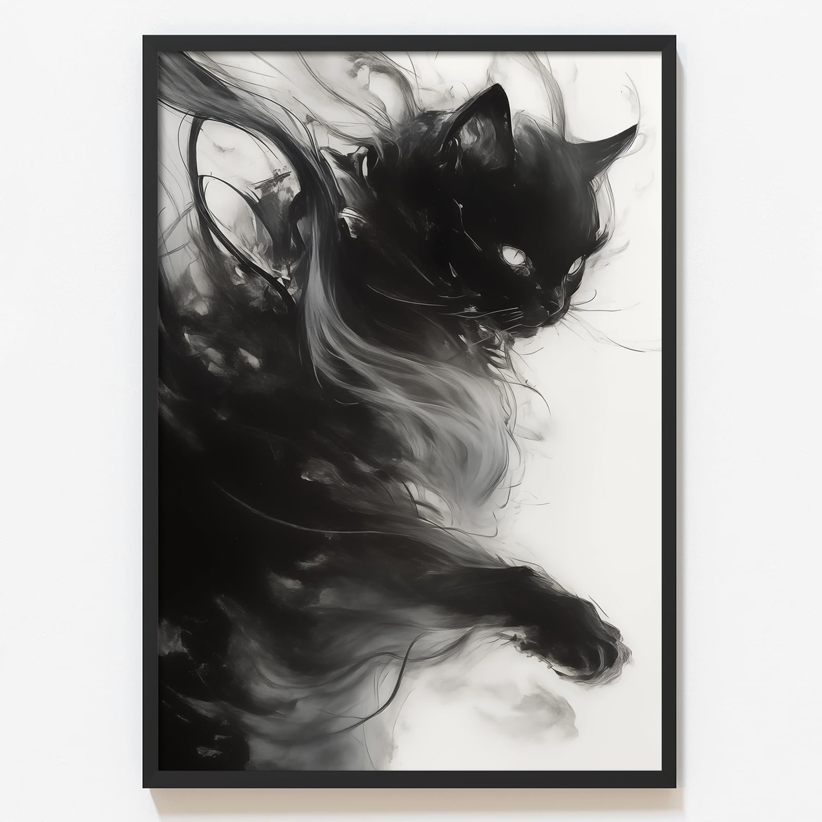Black Cat Painting Animals Watercolor Poster Black and White Cat Picture Weird Animal Wall Art Abstract Kitten Print Dark Academia Animal Posters