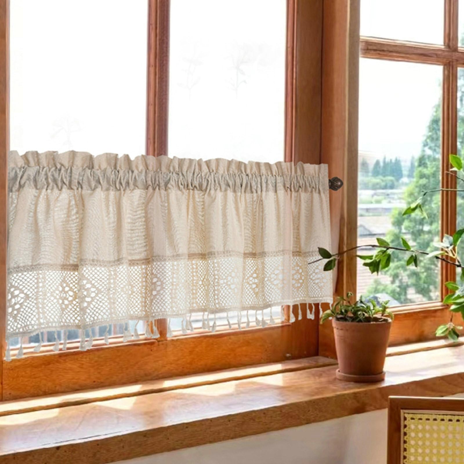 Rideaux fenêtres courts beige à pompons 150x60 cm pour un style bohème