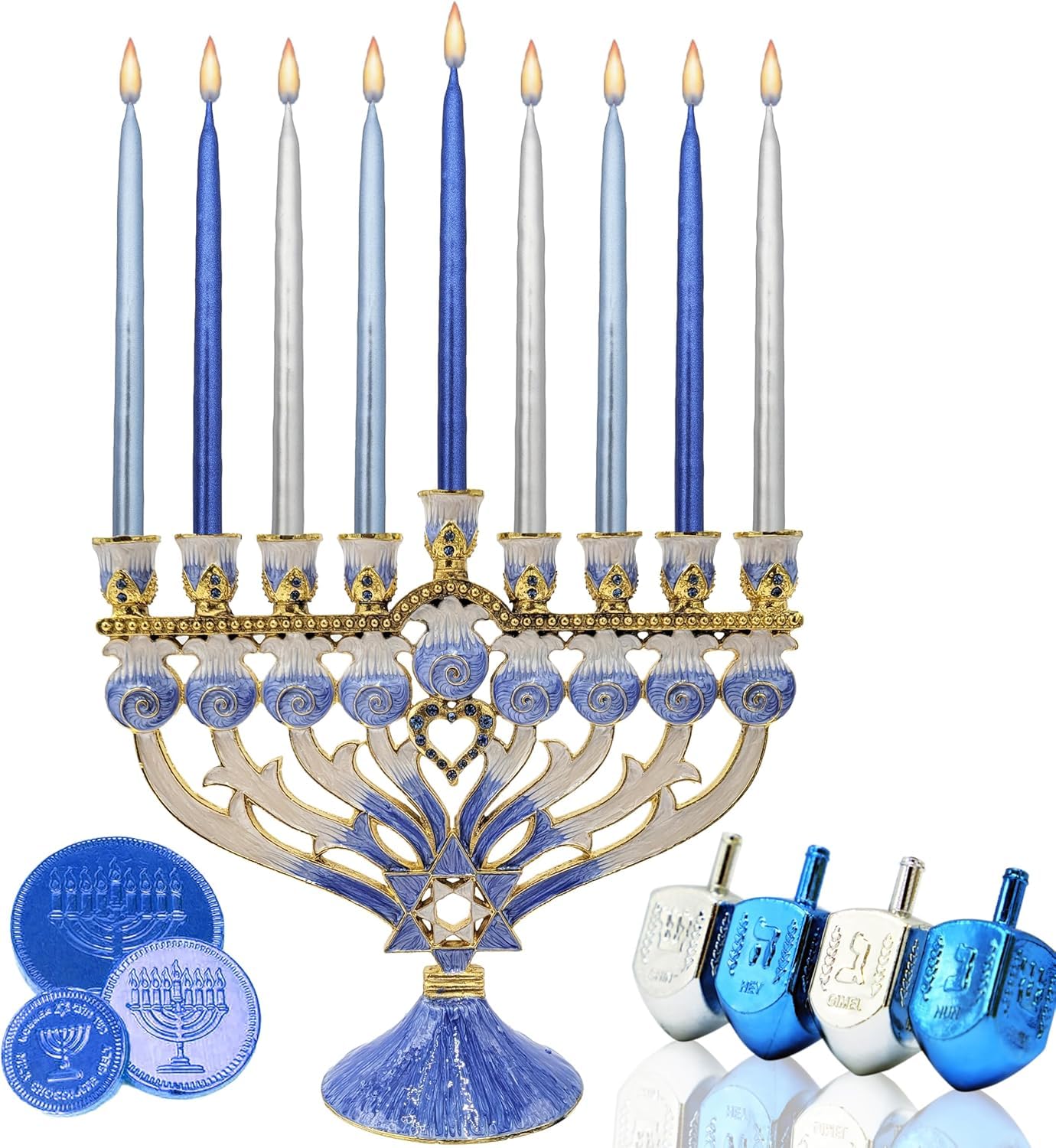 The Dreidel Company 45 Metallic Hanukkah Candles Frosted Premium Tapered Hand Decorated Chanuka Candles (Metallic Blue & Silver) (10-Pack)