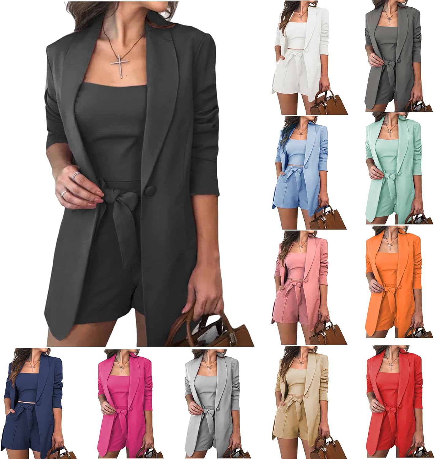 3 Piece Lounge Sets for Women Spaghetti Strap Tank Tops One Button Blazer Wide Leg Pants Outfits Business Work Suits