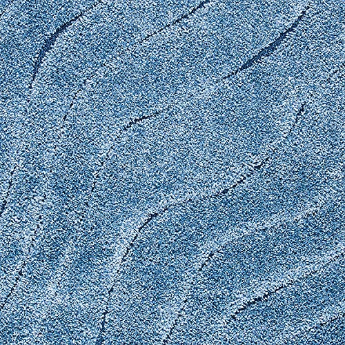 Image of Textured Wave Square Shaggy Carpet for Living Room, Bedroom, High Low Design Finish Microfiber 1.8 Inch Pile High, 5x5 Feet Royal Blue|Blue Color