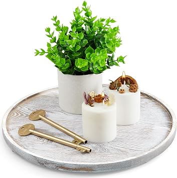 12 Inch Wood Round Tray, White Washed Wooden Decorative Bathroom Coffee Table Tray Centerpiece Candle Holder for Farmhouse Kitchen Dining Room Home Decor Coffee Table Decor and Accessories